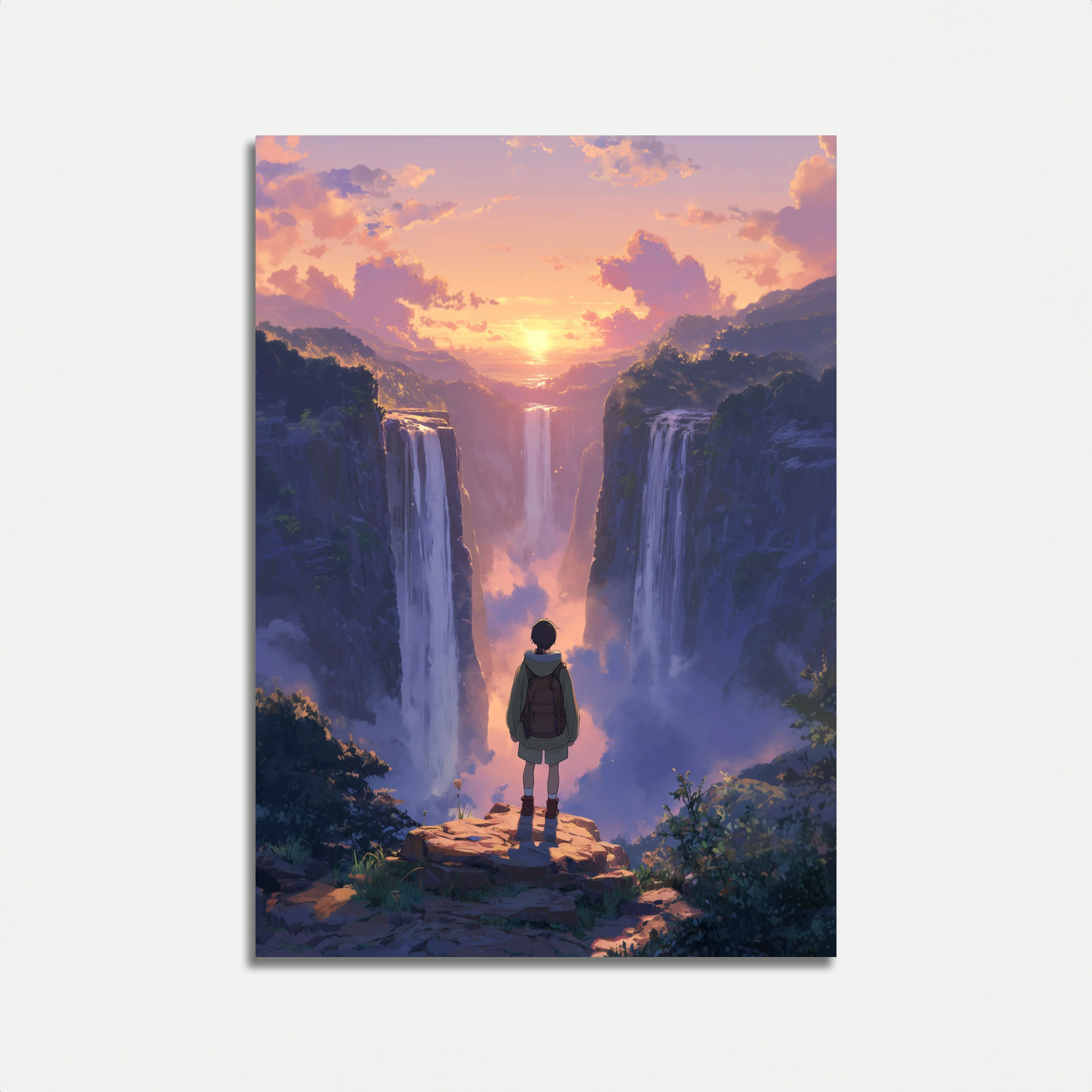 Adventurer Watching Sunset Waterfalls Poster