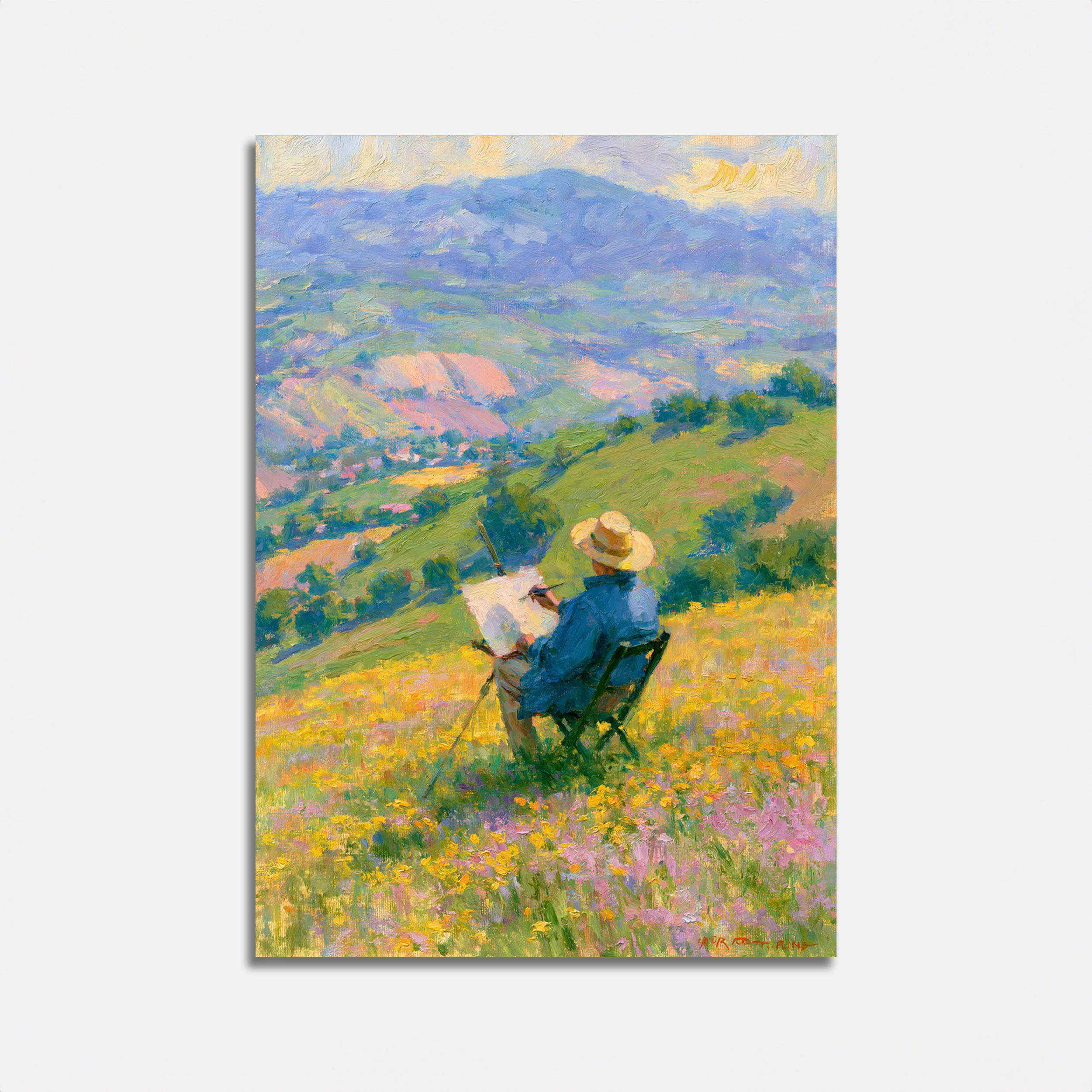 Artist Painting Hillside Landscape Poster