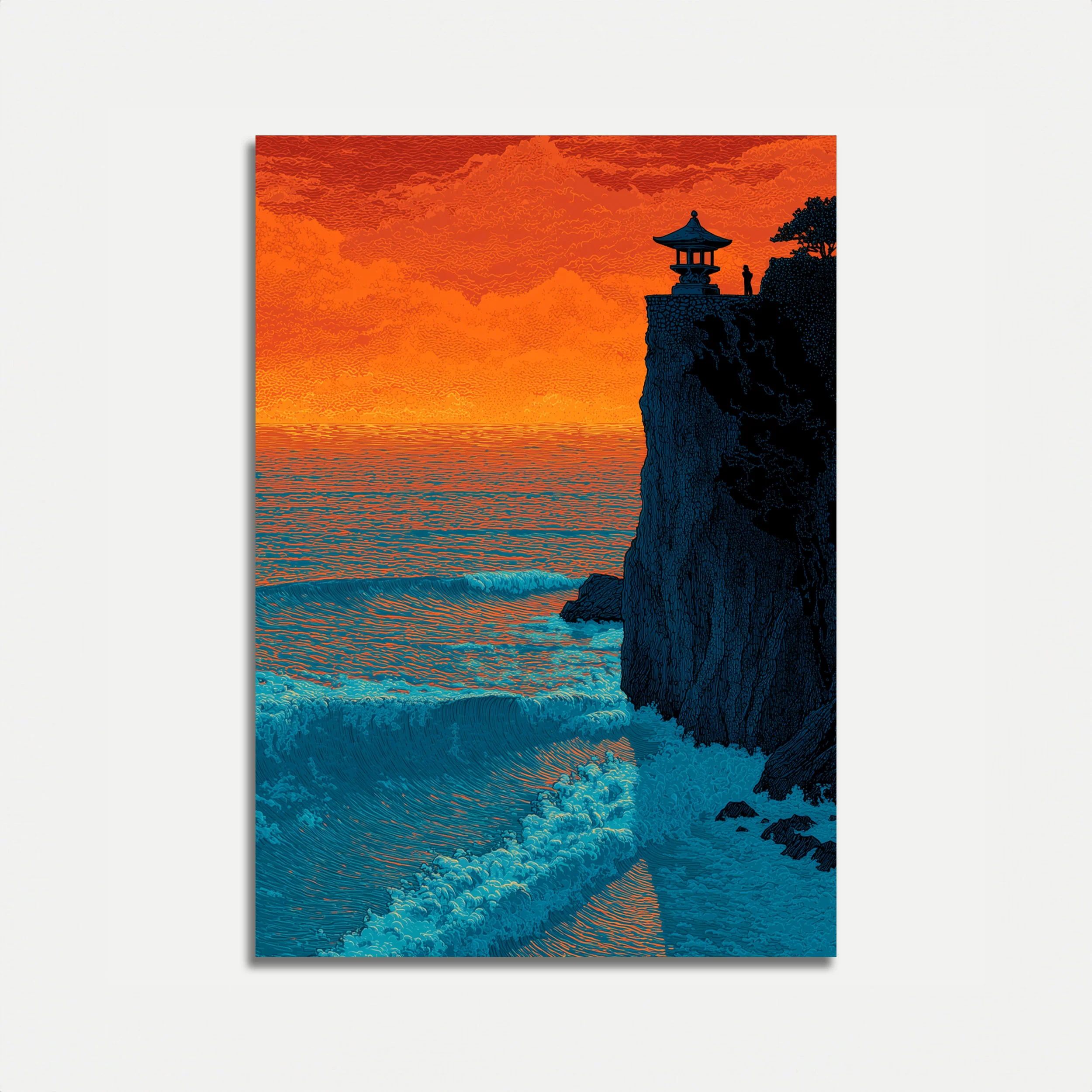 Asian Sunset Cliff Pagoda Poster