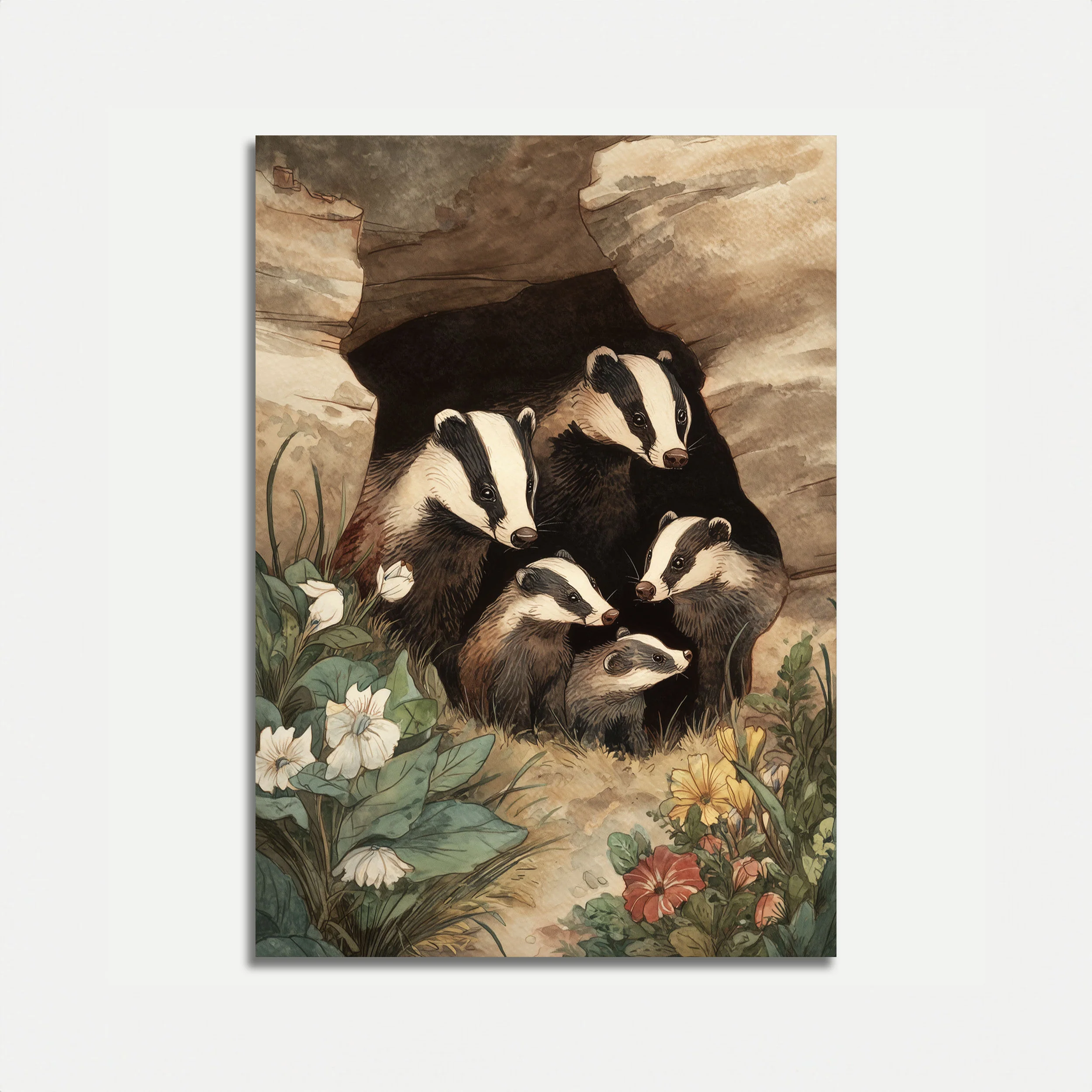 Badger Family in Their Burrow Poster