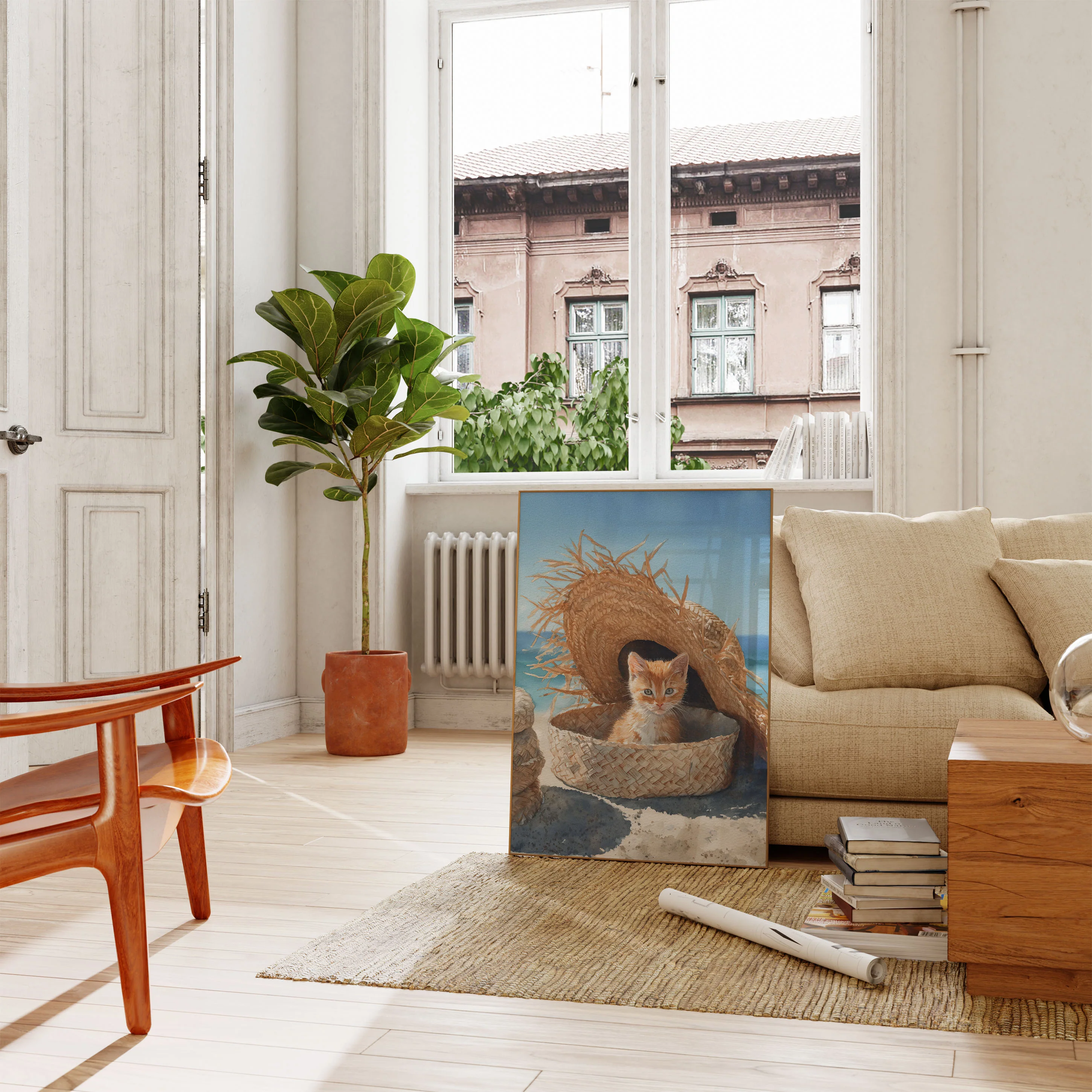 Beach Kitten in Straw Shelter Poster - Image 2