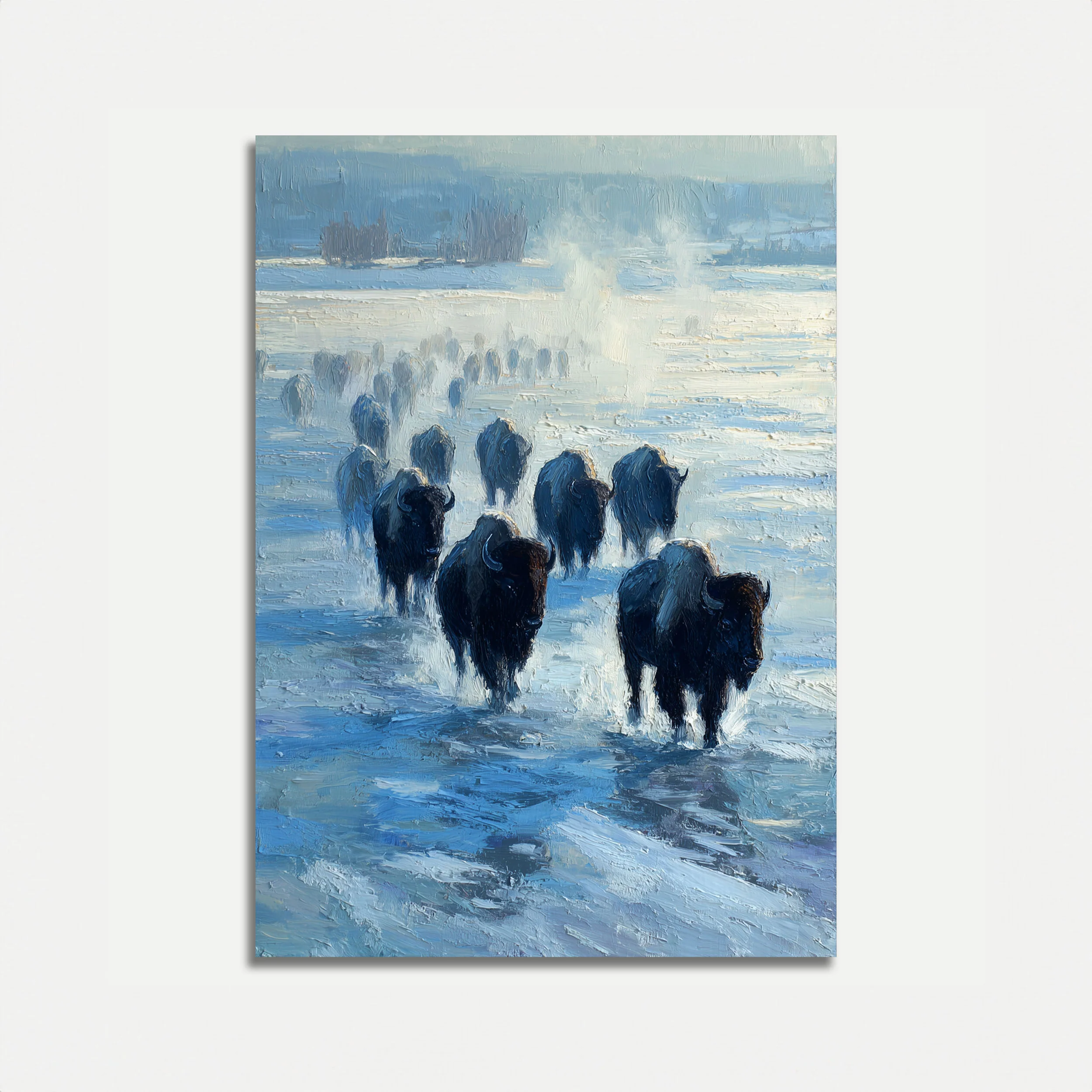Bison Crossing Frozen River Poster