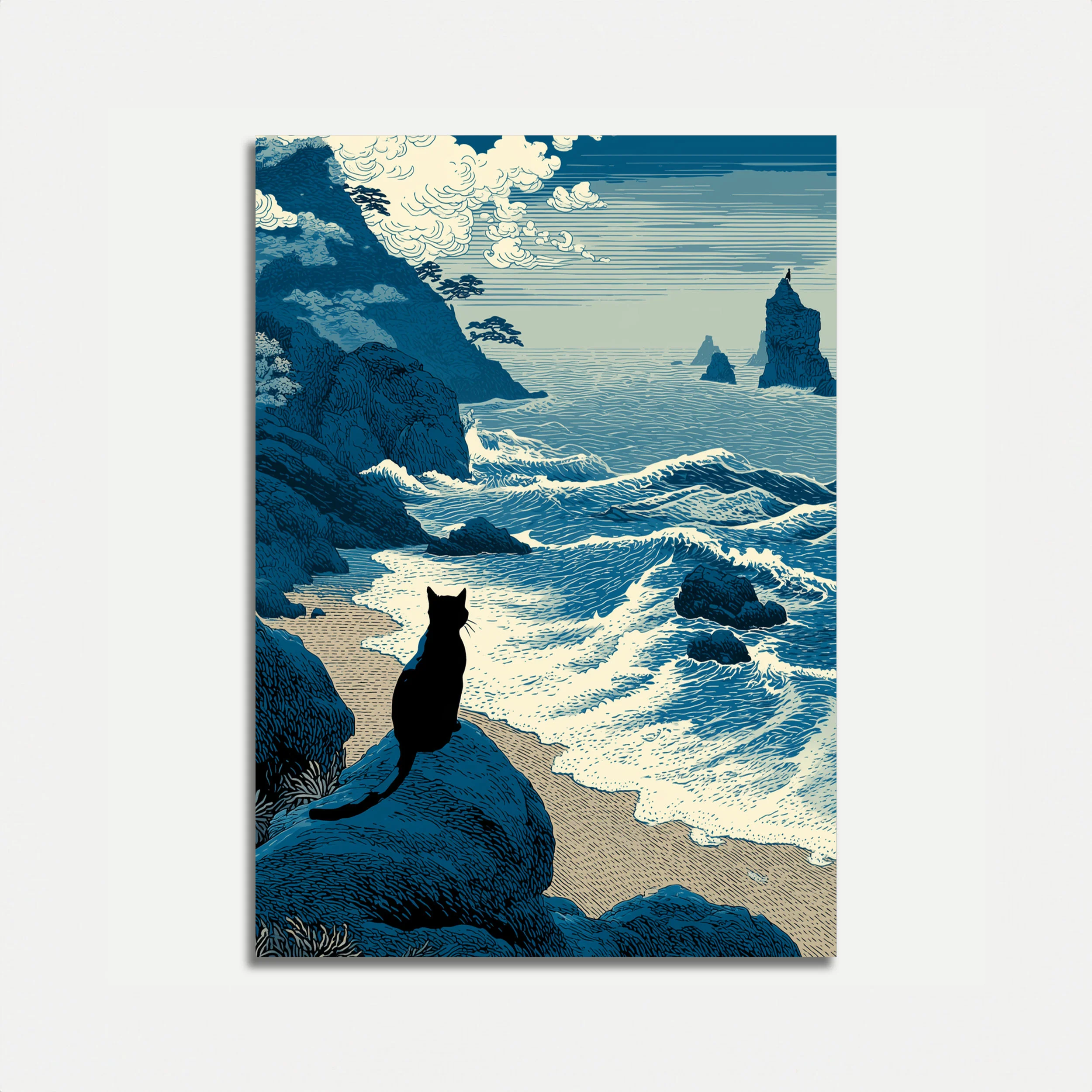 Black Cat Coastal Serenity Poster