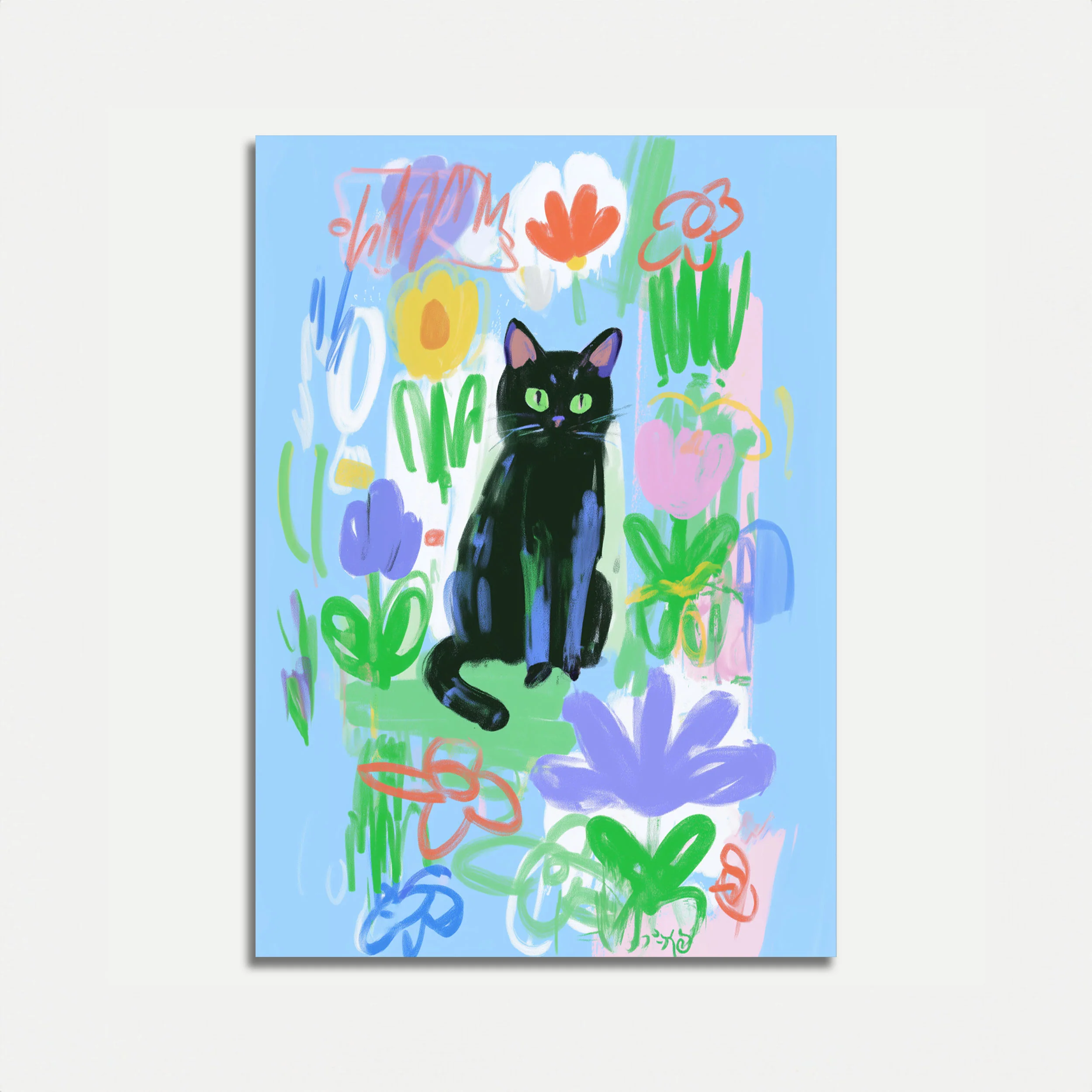 Black Cat in Flower Garden Poster