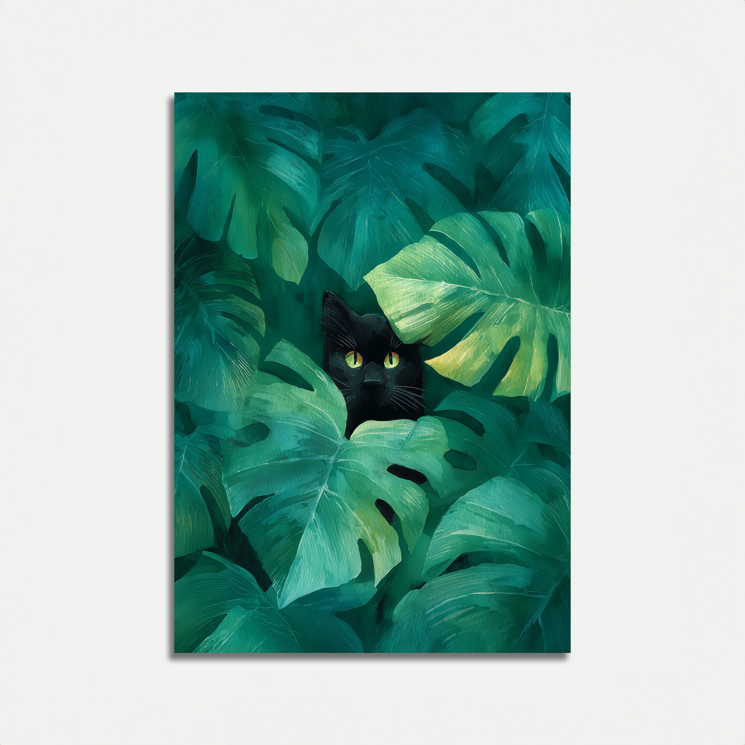 Black Cat in Monstera Jungle Poster