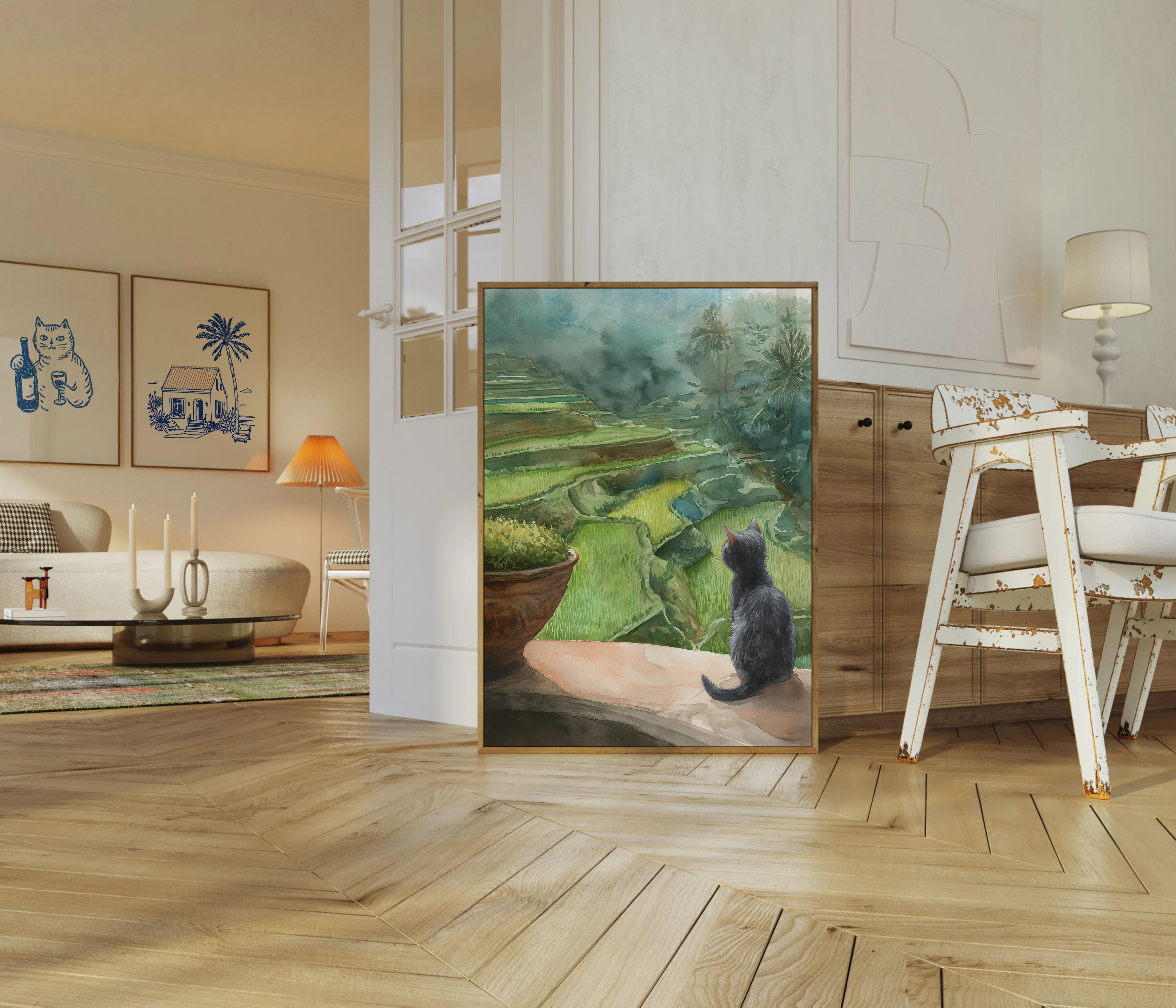 Black Cat Overlooking Rice Terraces Poster - Image 5