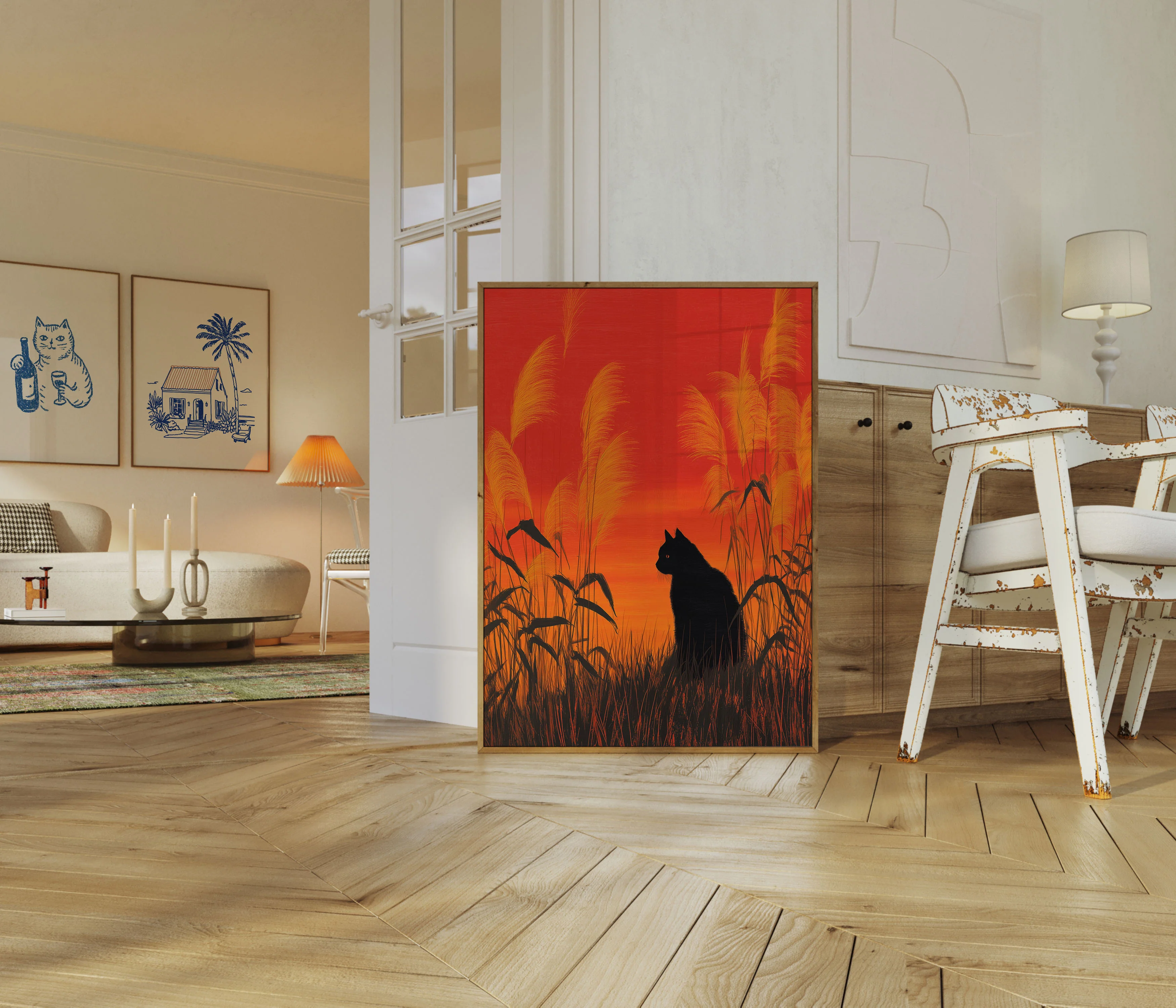 Black Cat Sunset Grassland Poster - Image 5