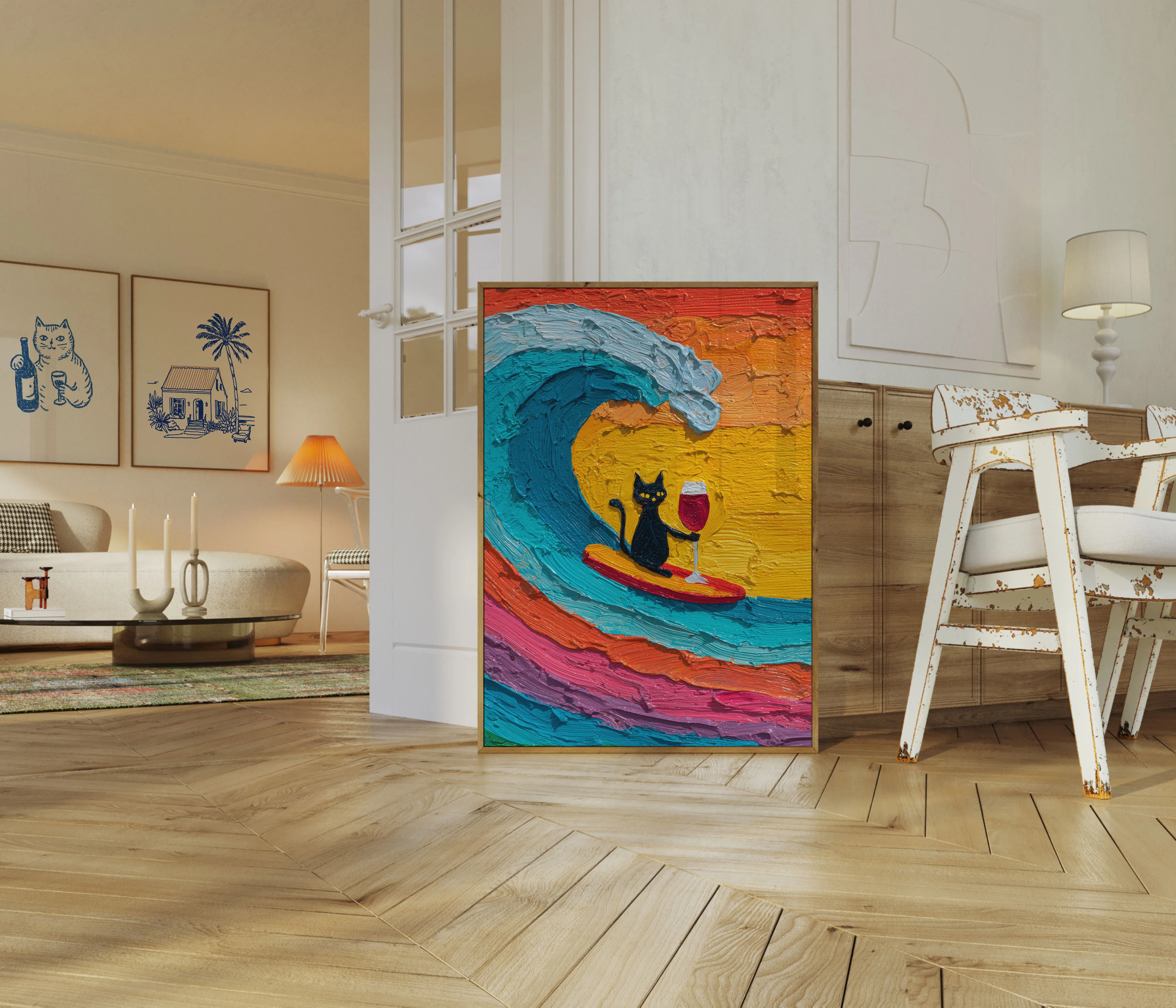 Black Cat Surfing Wine Poster - Image 5