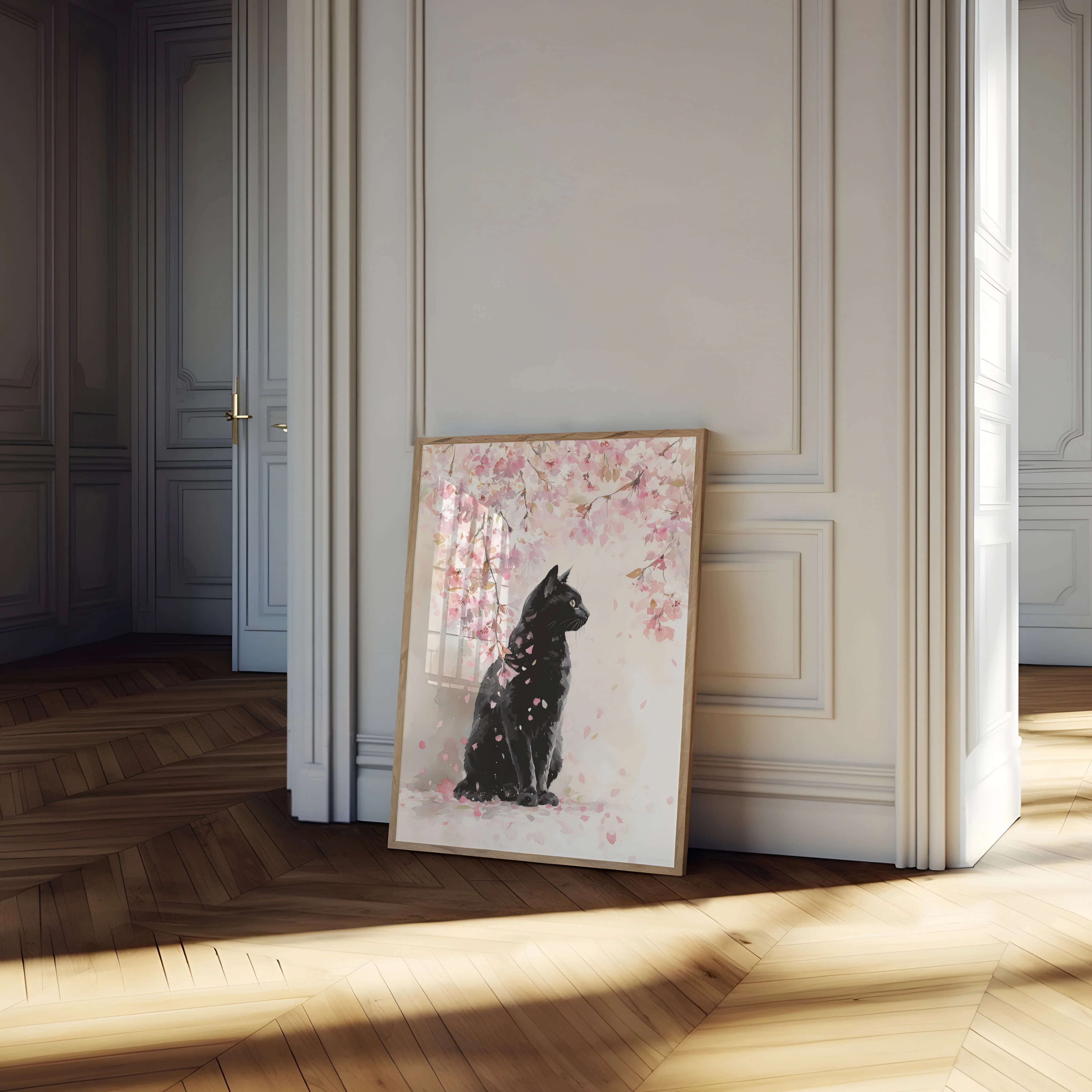 Black Cat Under Cherry Blossoms Poster - Image 4