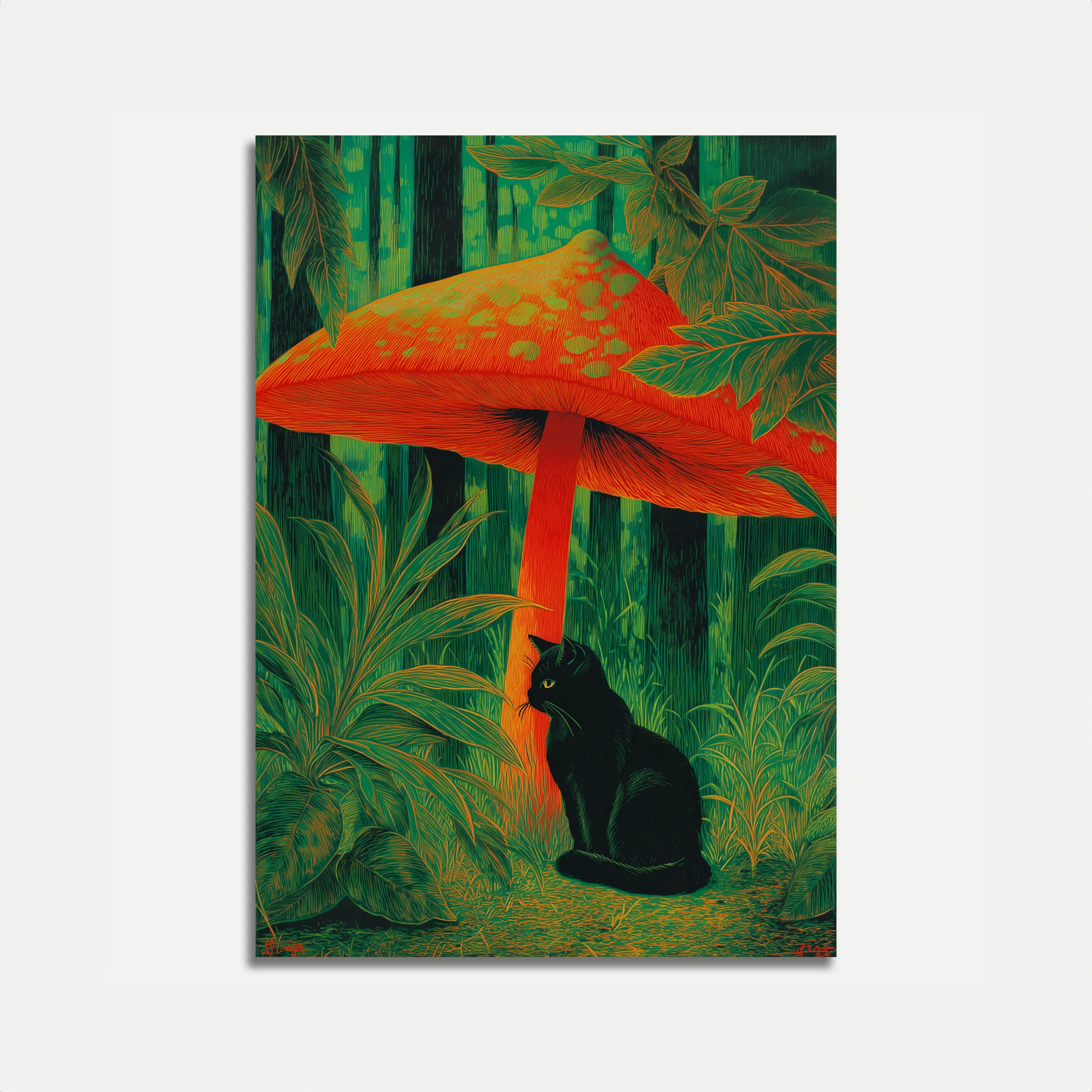Black Cat Under Red Mushroom Poster