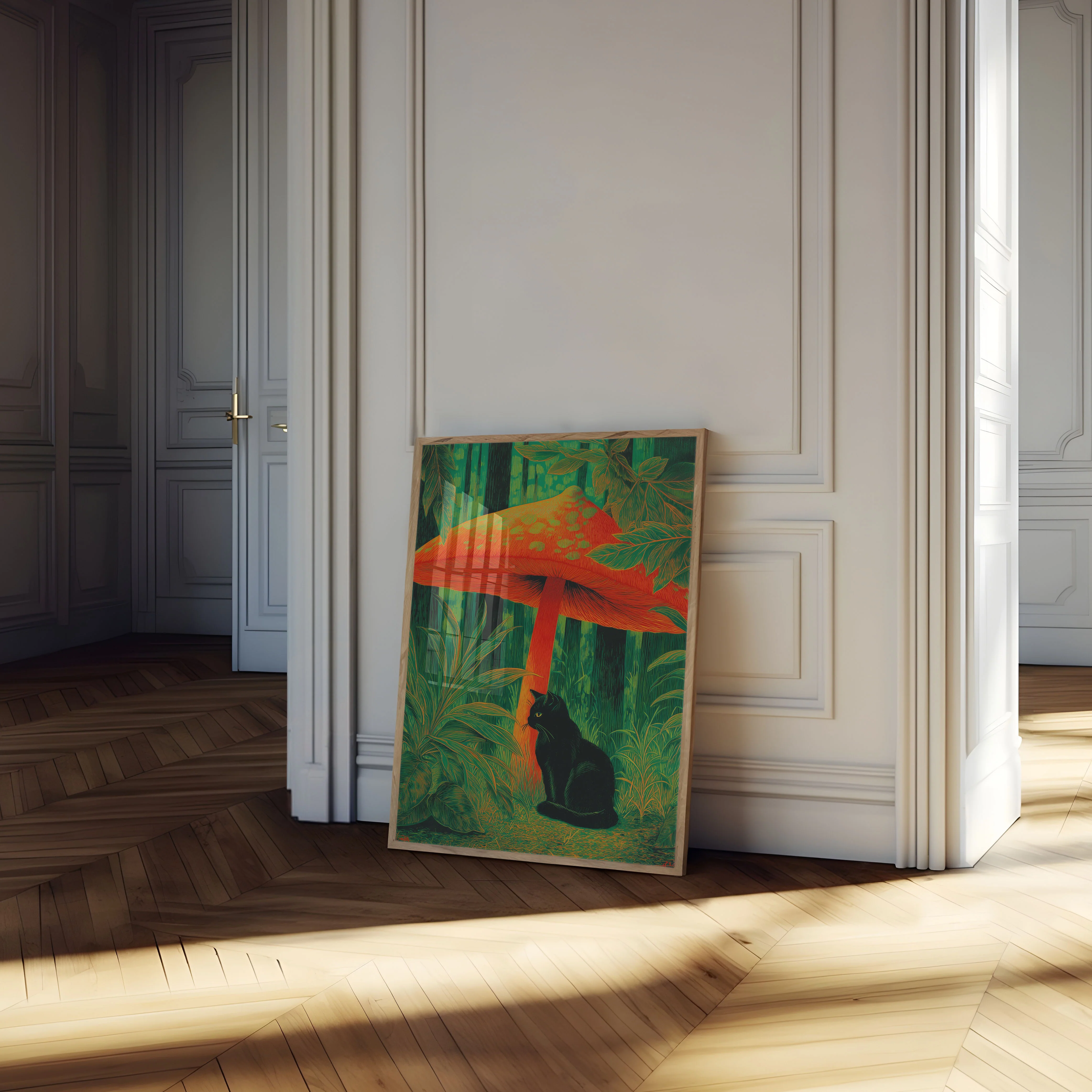 Black Cat Under Red Mushroom Poster - Image 4