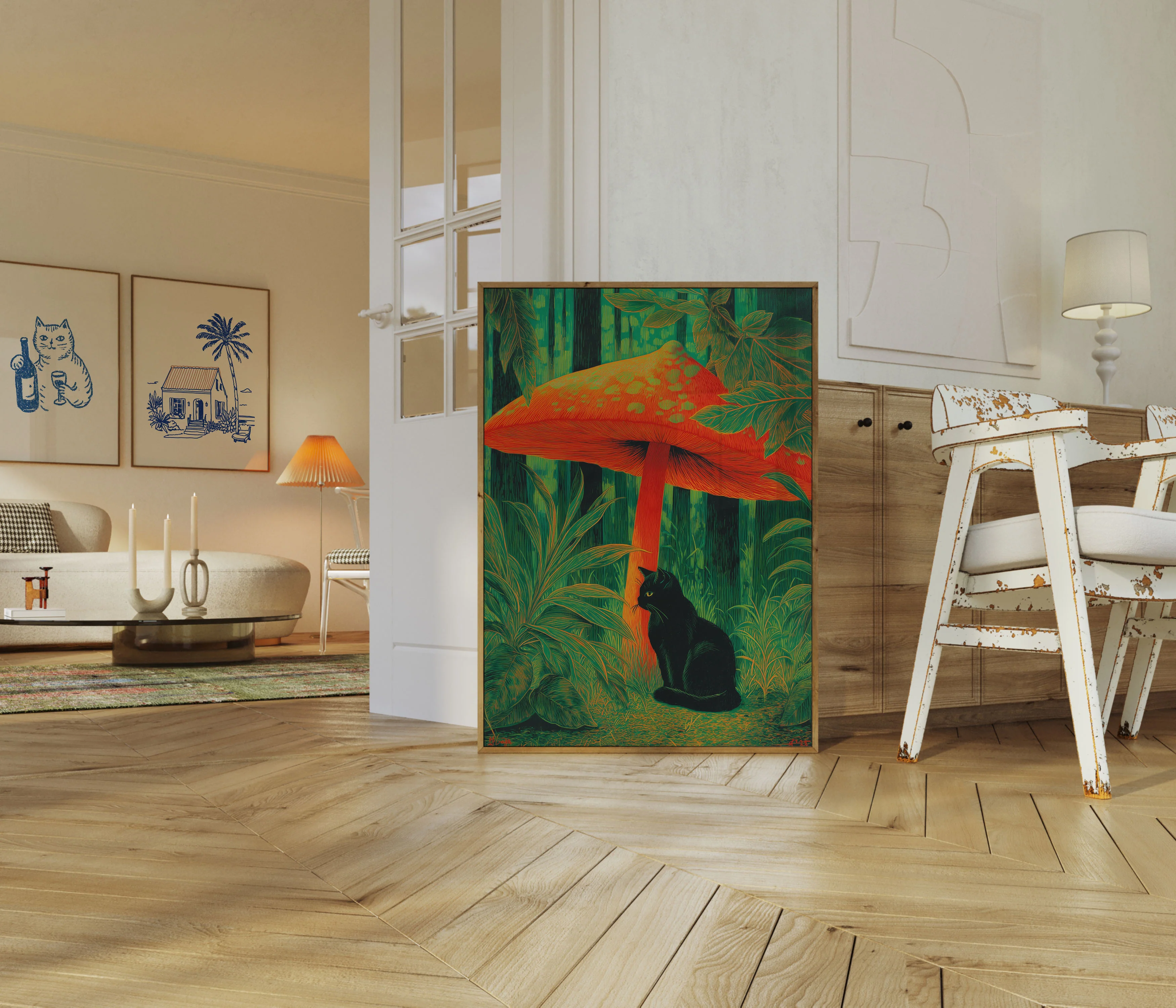 Black Cat Under Red Mushroom Poster - Image 5