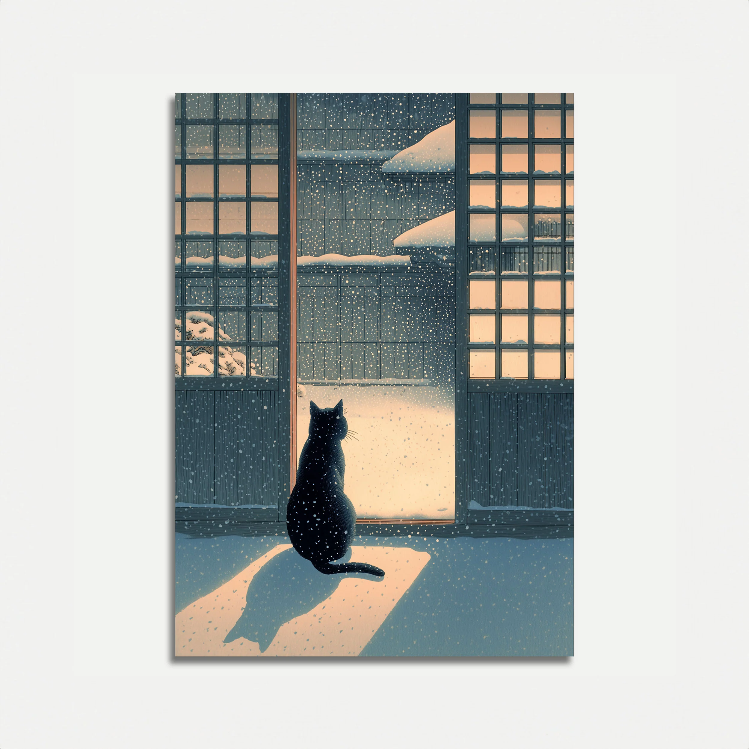 Black Cat Watching Winter Snow Poster