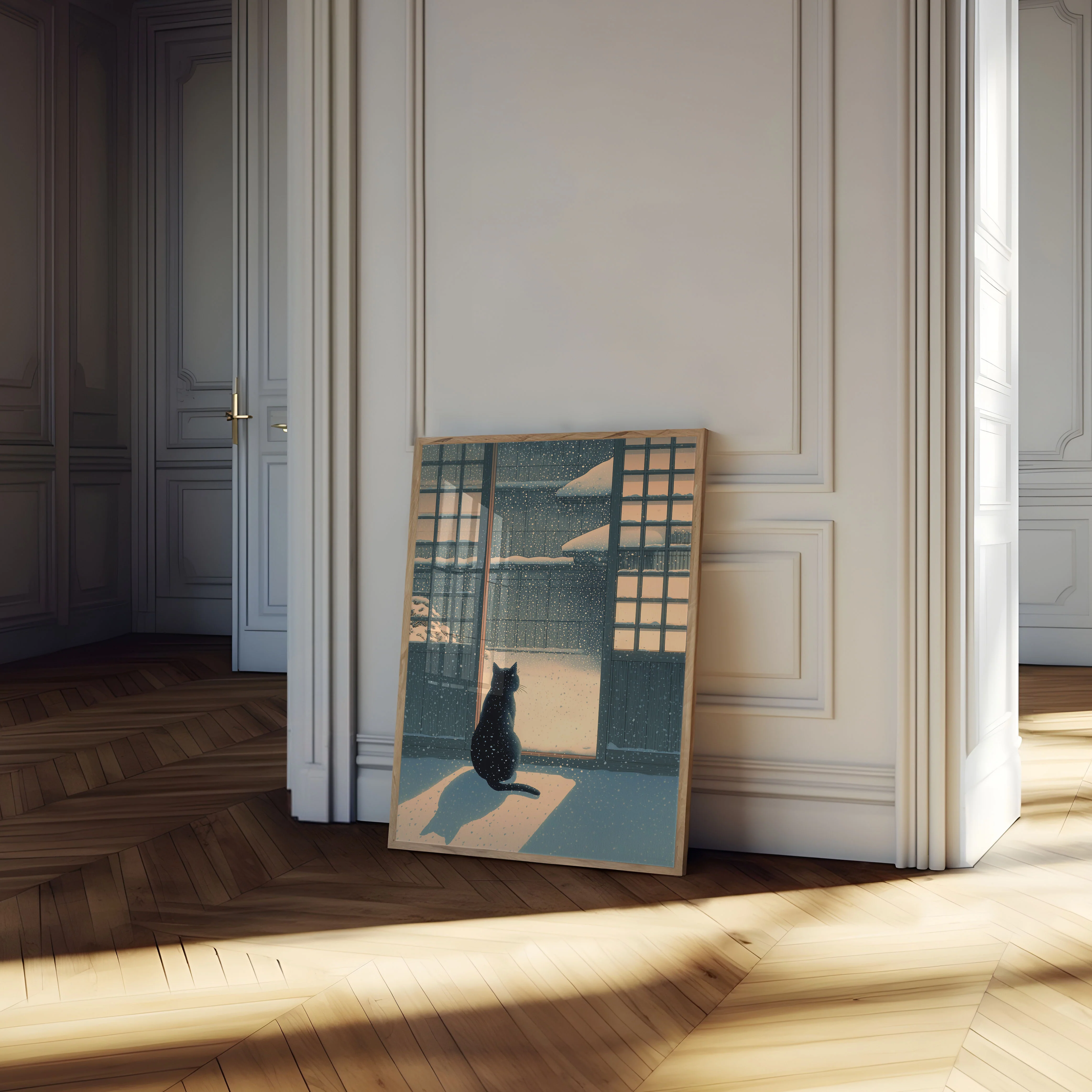 Black Cat Watching Winter Snow Poster - Image 4