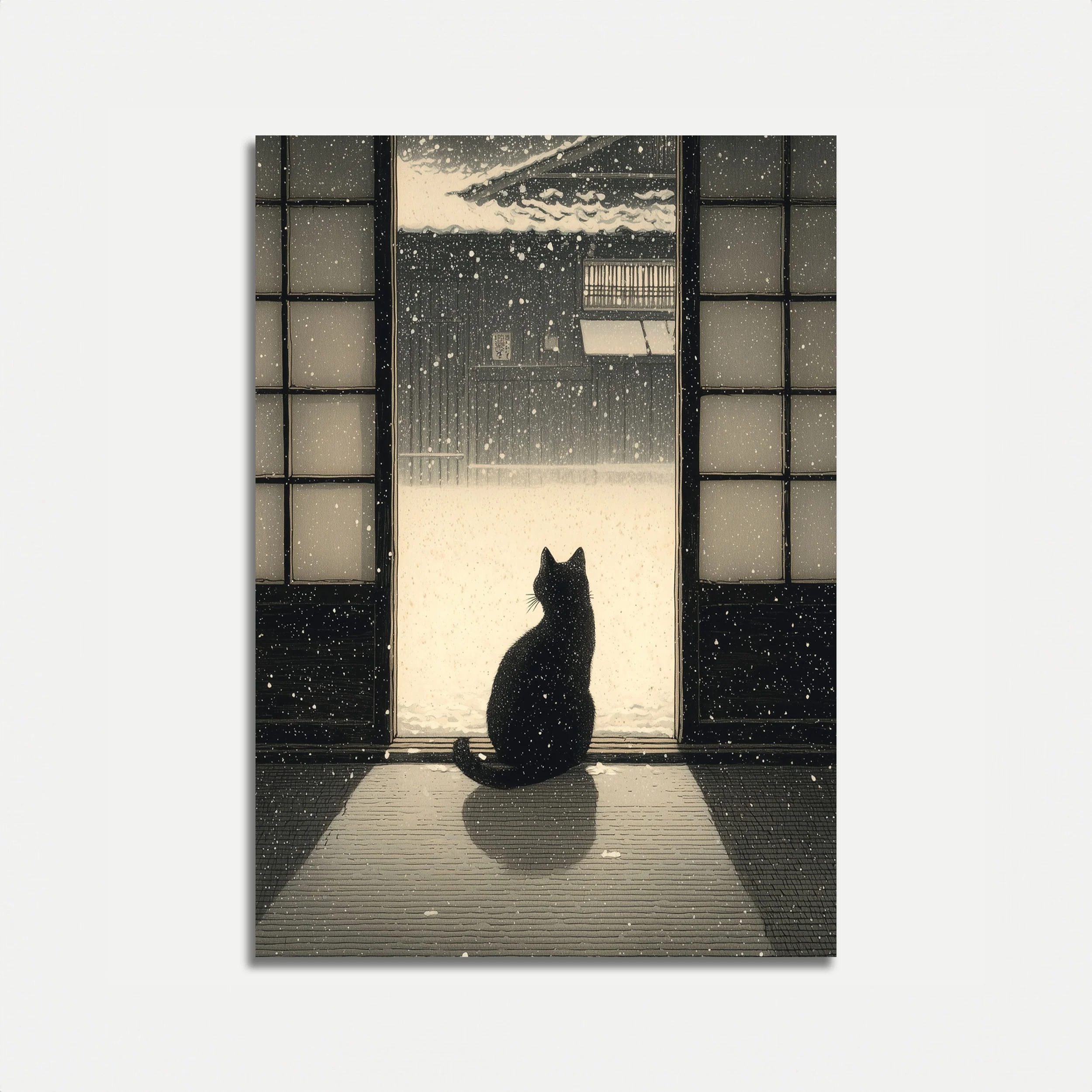 Black Cat Watching Winter Snow Poster