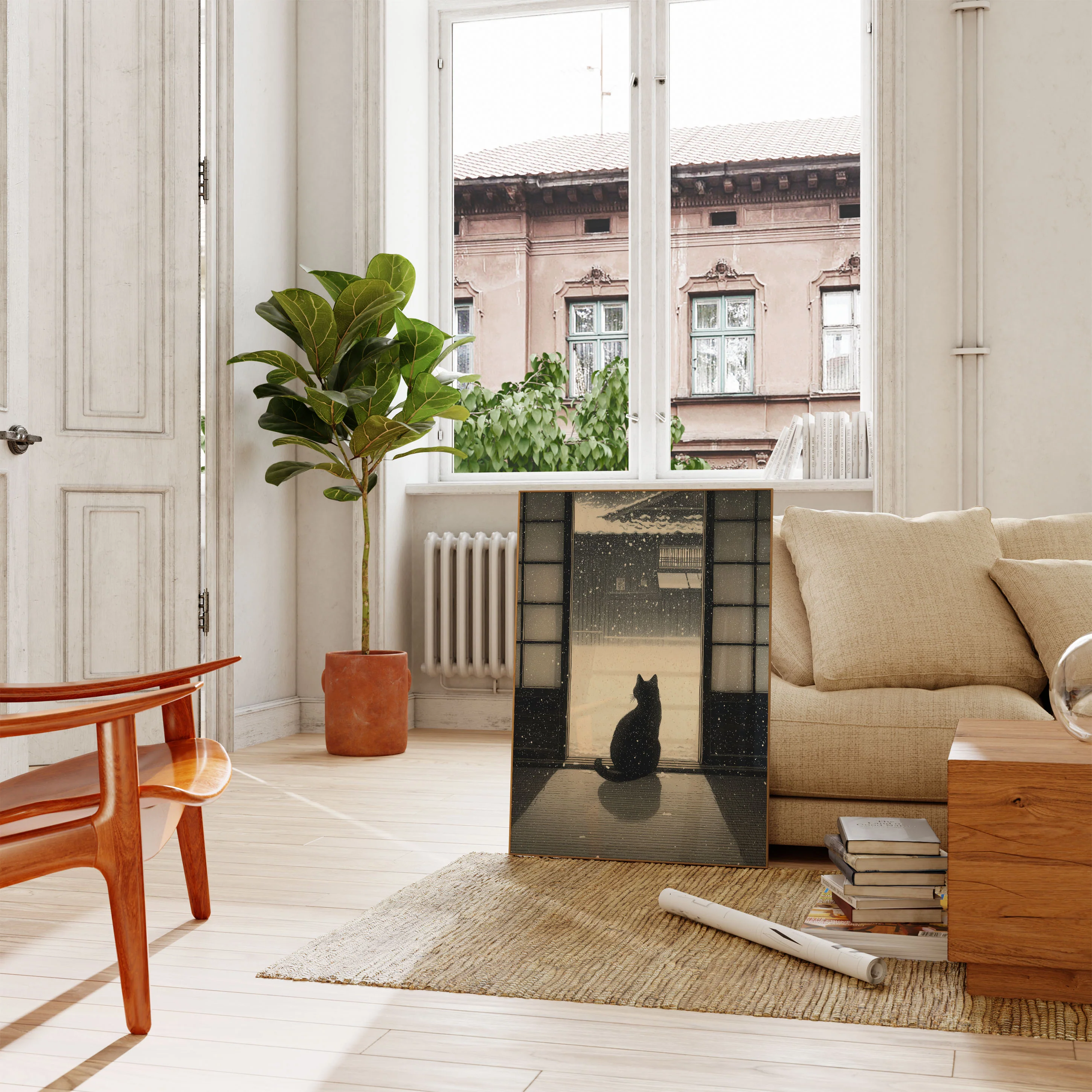 Black Cat Watching Winter Snow Poster - Image 2