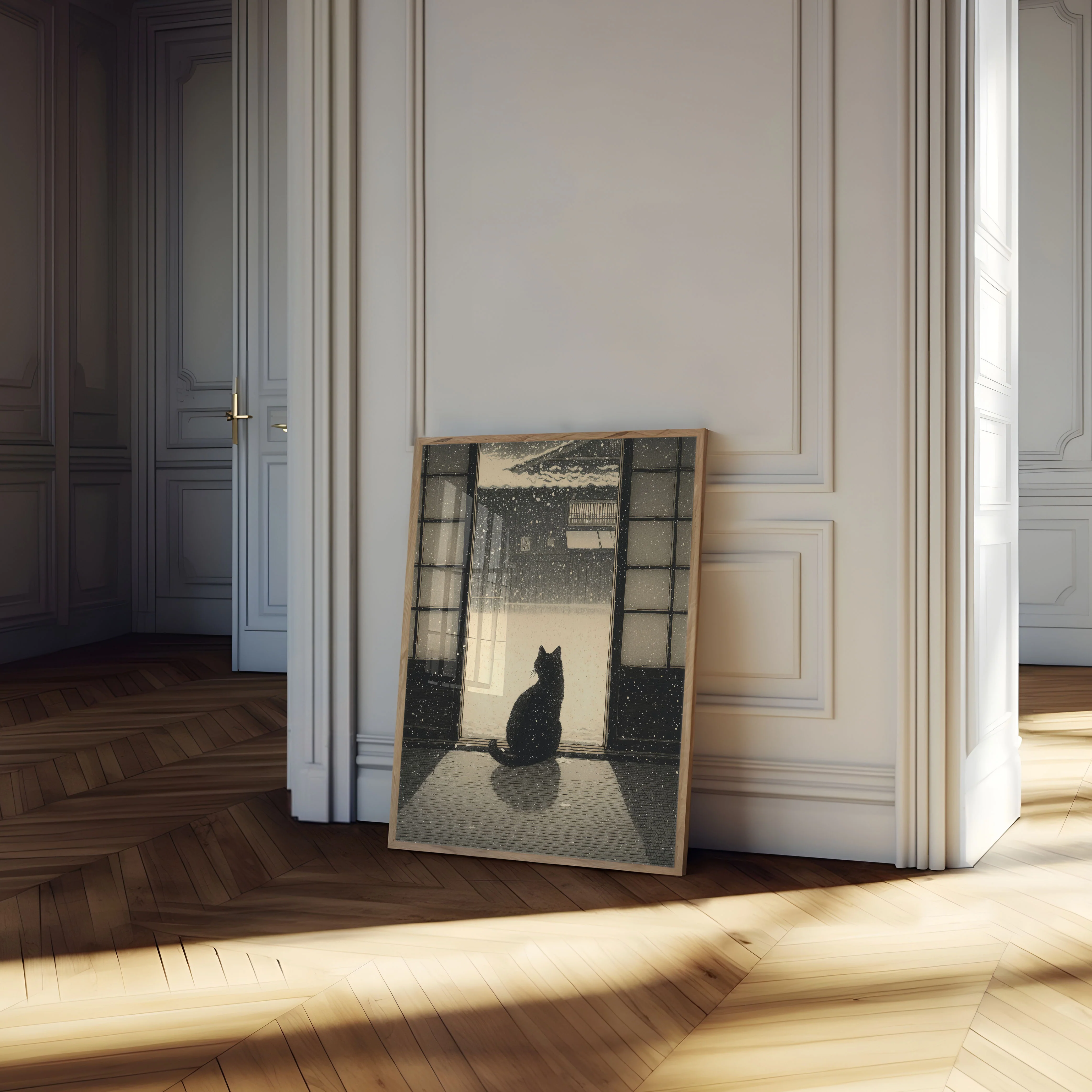 Black Cat Watching Winter Snow Poster - Image 4