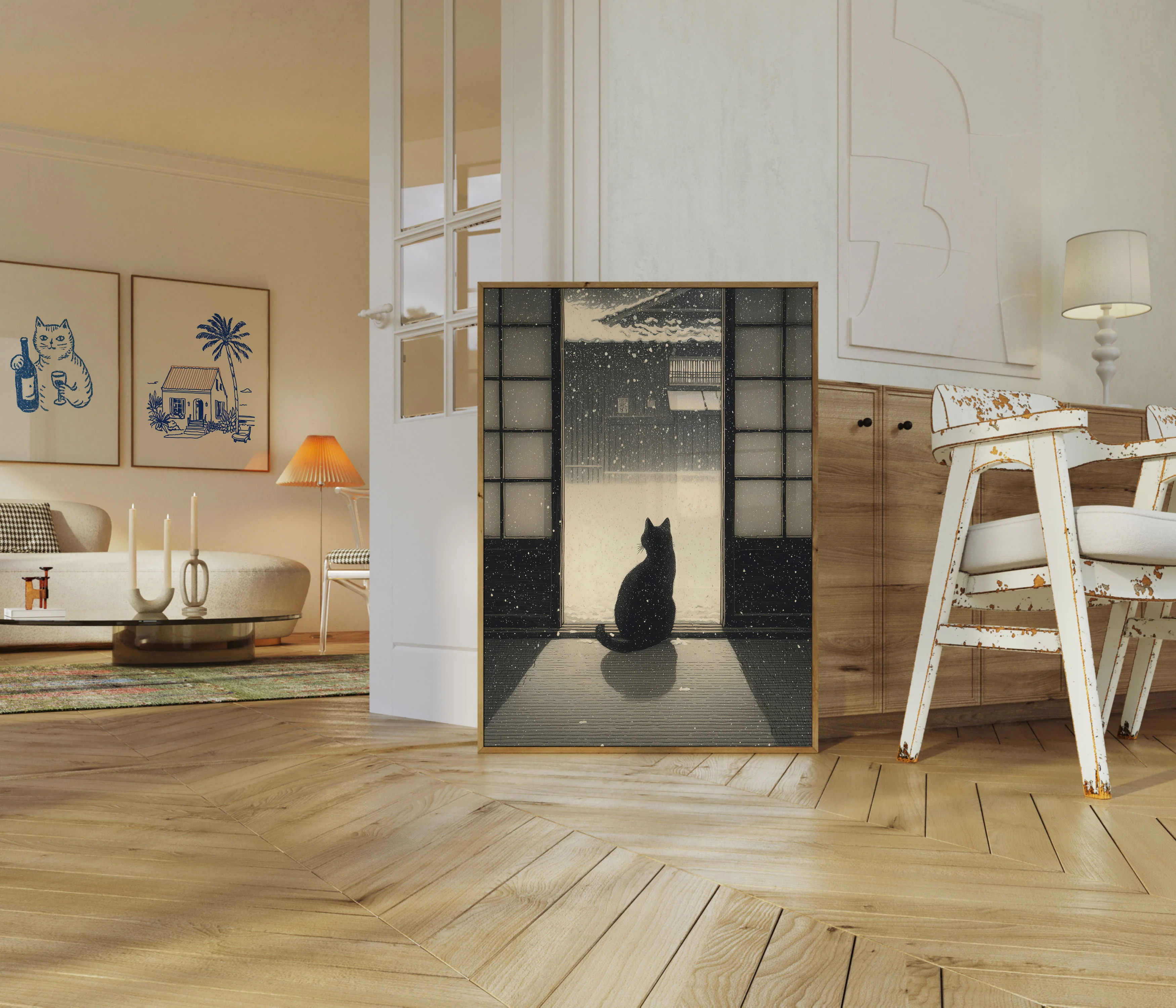 Black Cat Watching Winter Snow Poster - Image 5
