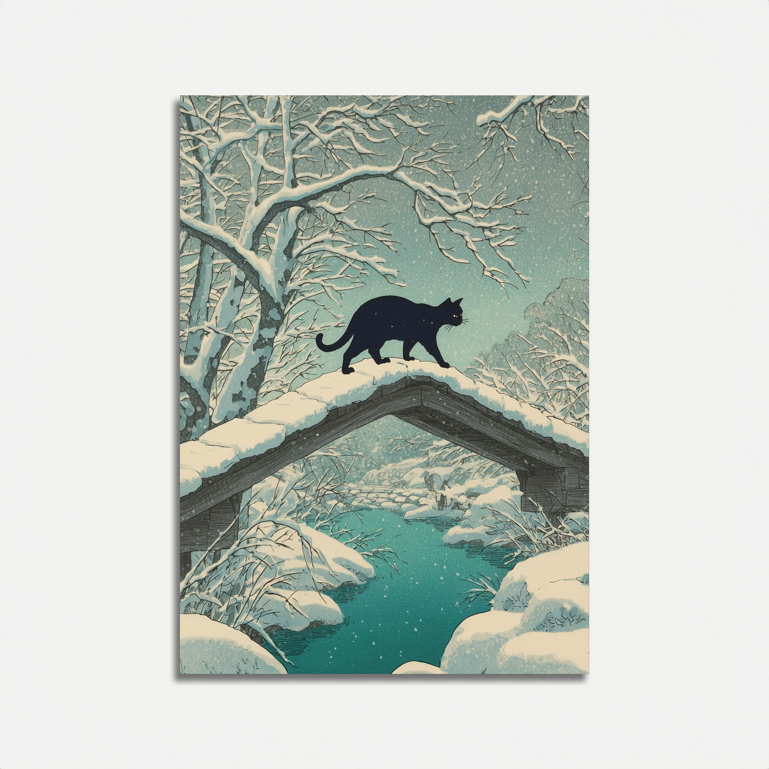 Black Cat Winter Night Poster