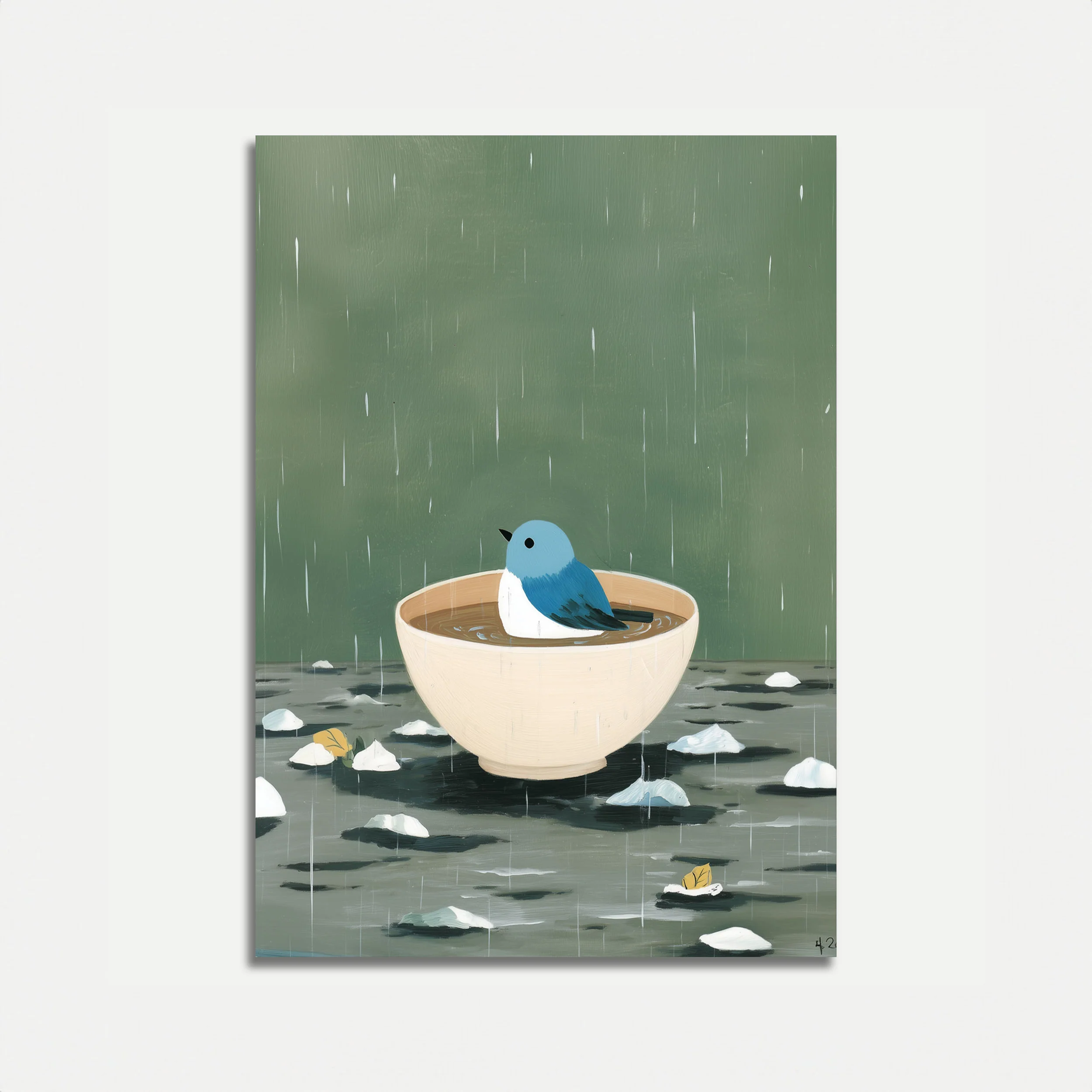 Blue Bird in Rain Poster
