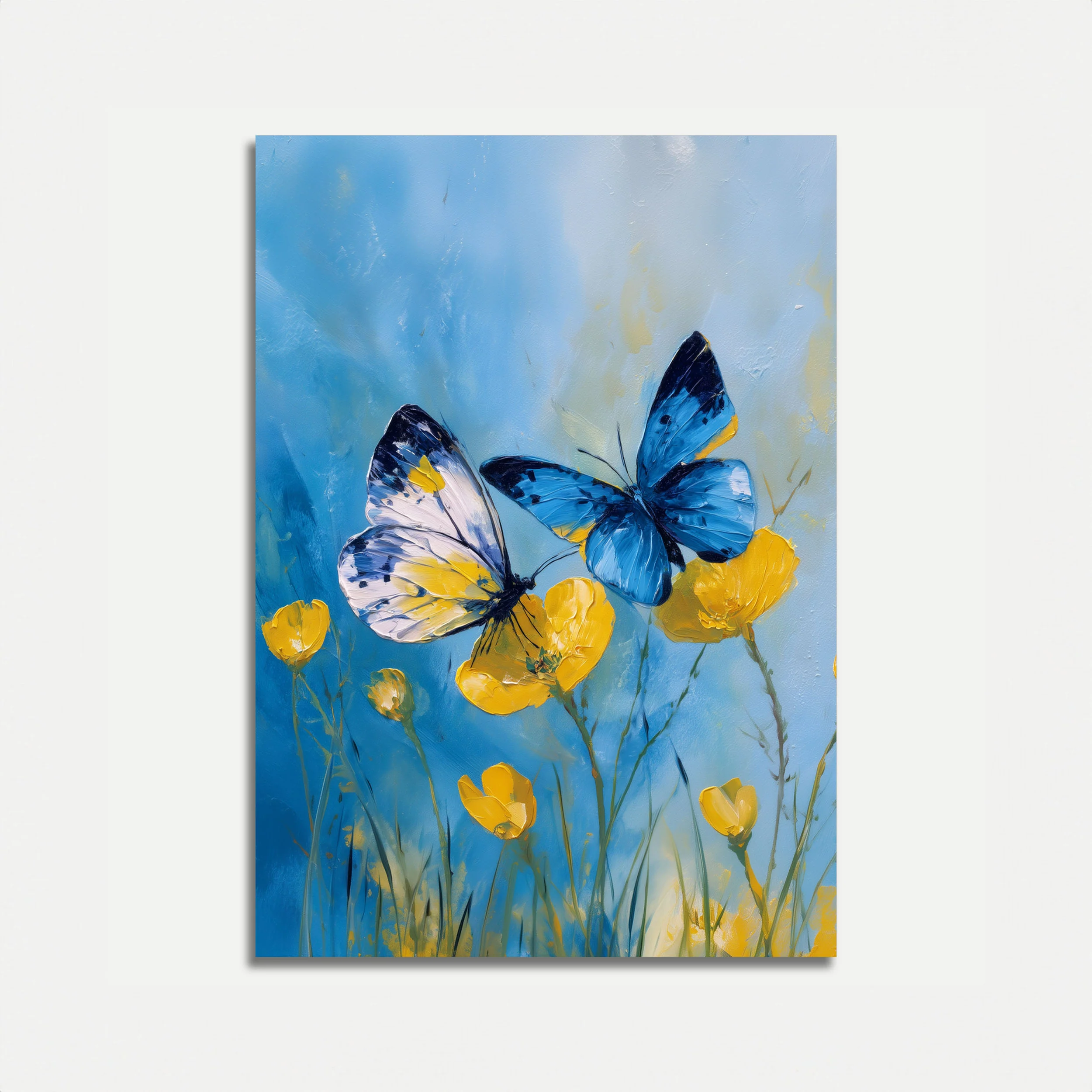 Blue Butterflies Yellow Flowers Poster