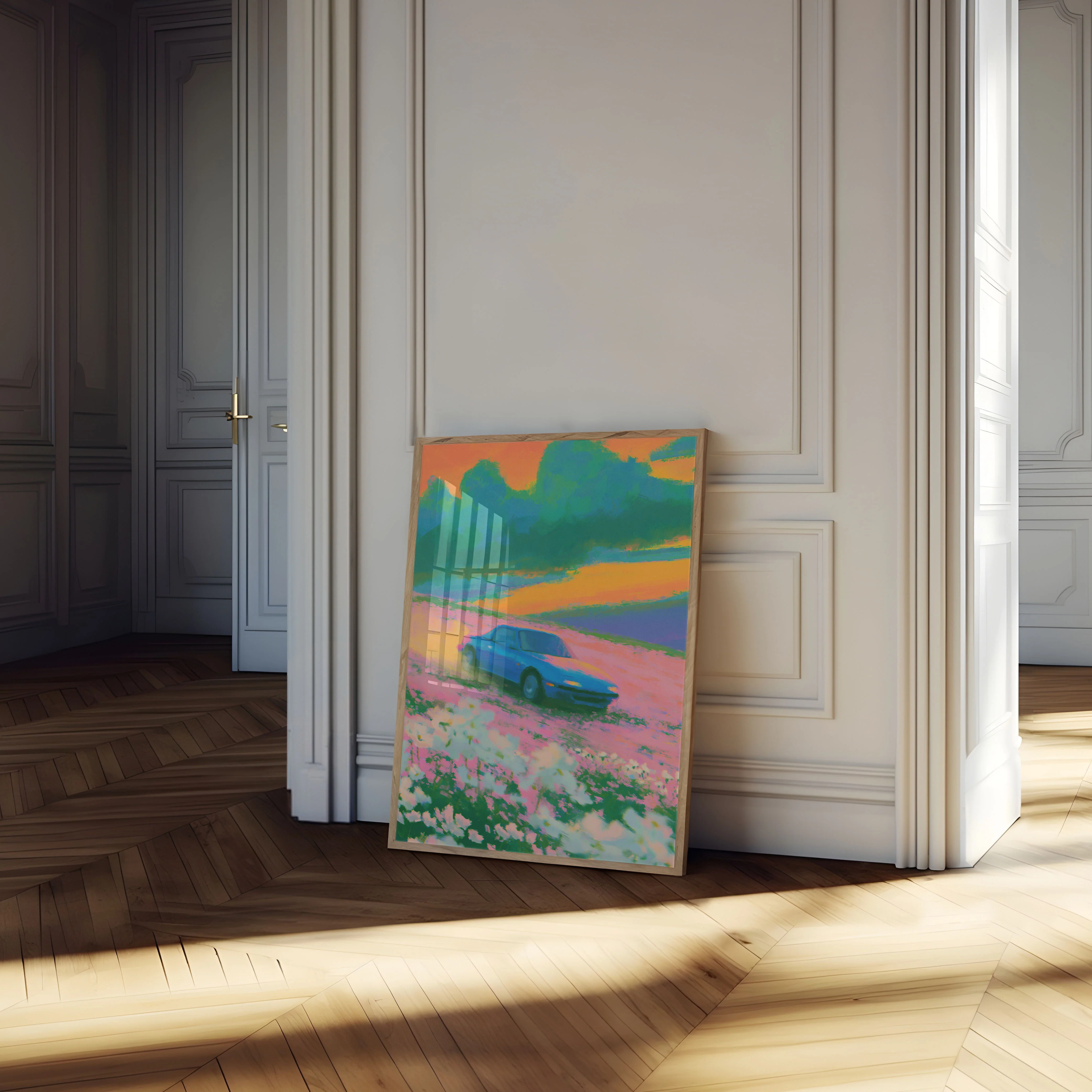 Blue Car in Wildflower Field Poster - Image 4