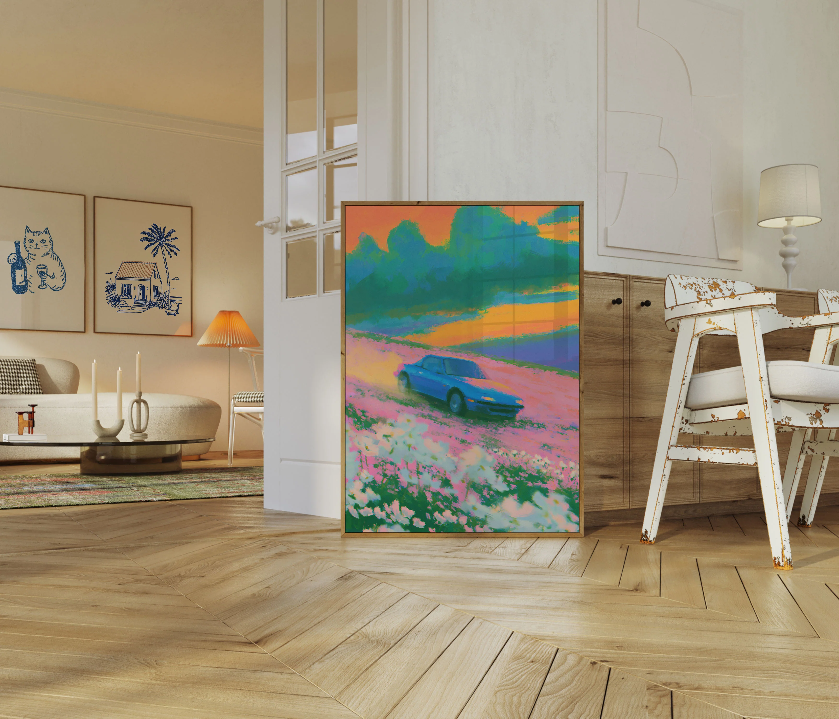 Blue Car in Wildflower Field Poster - Image 5