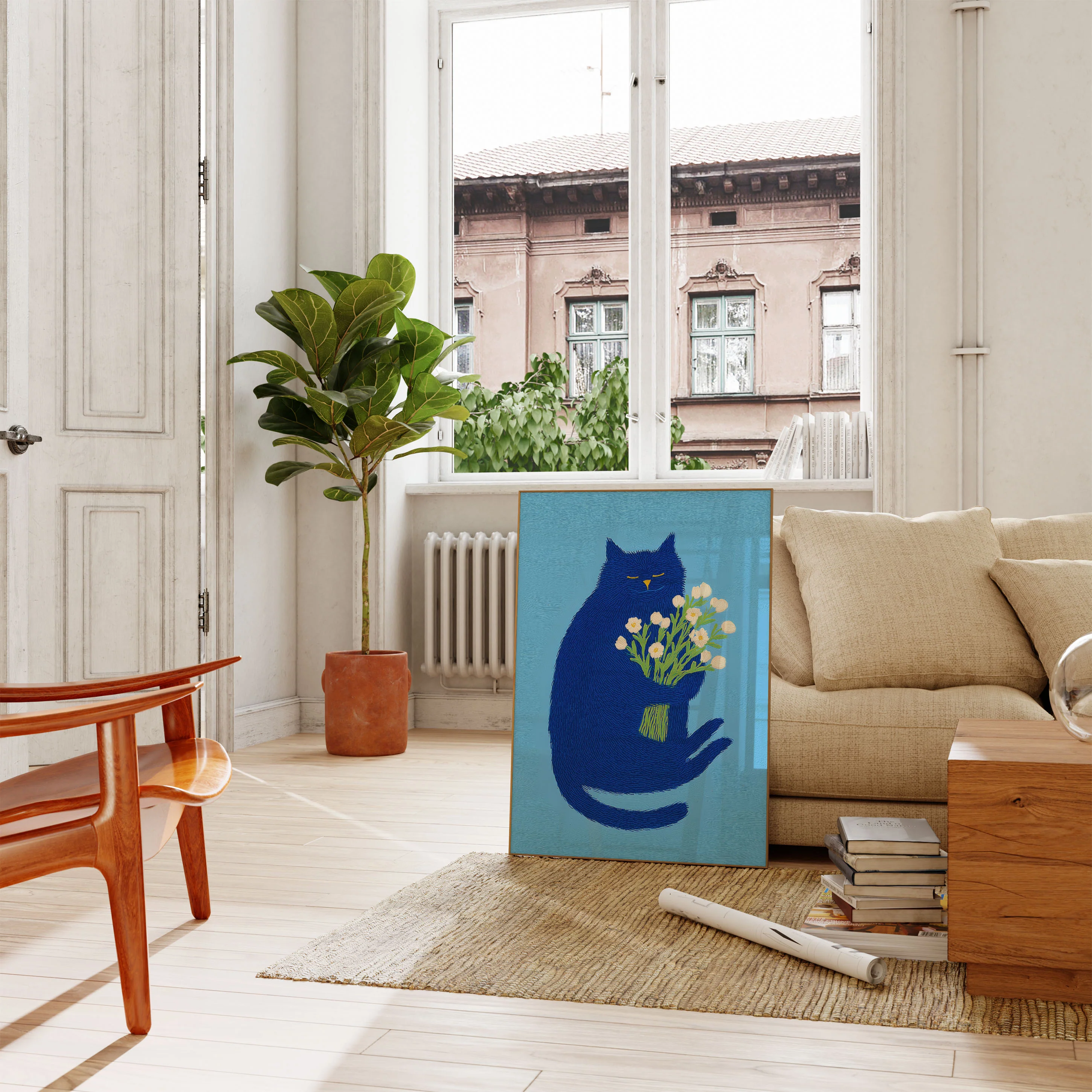 Blue Zen Cat Flower Embrace Poster - Image 2