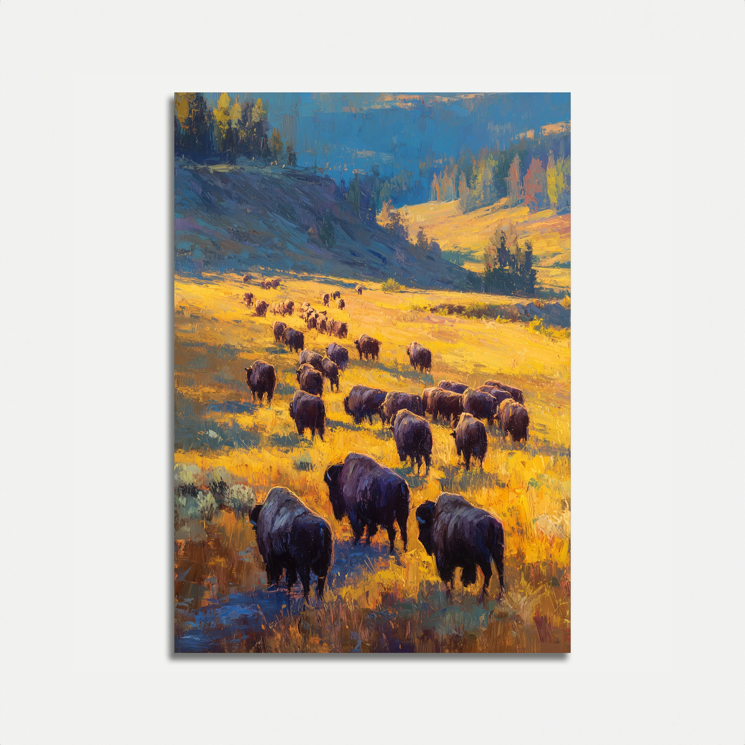 Buffalo Herd Golden Grassland Poster