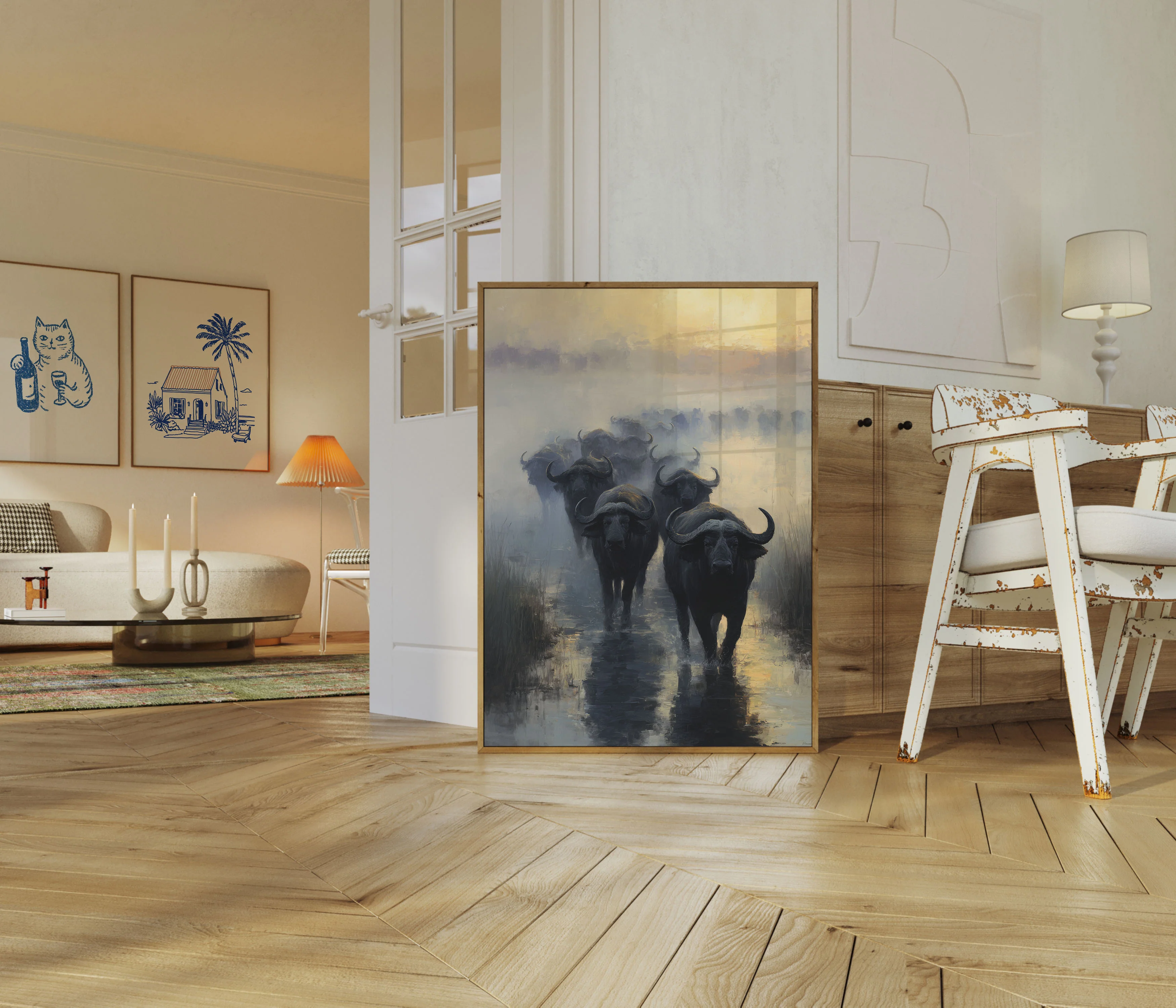 Buffalo Herd in Misty Wetlands Poster - Image 5