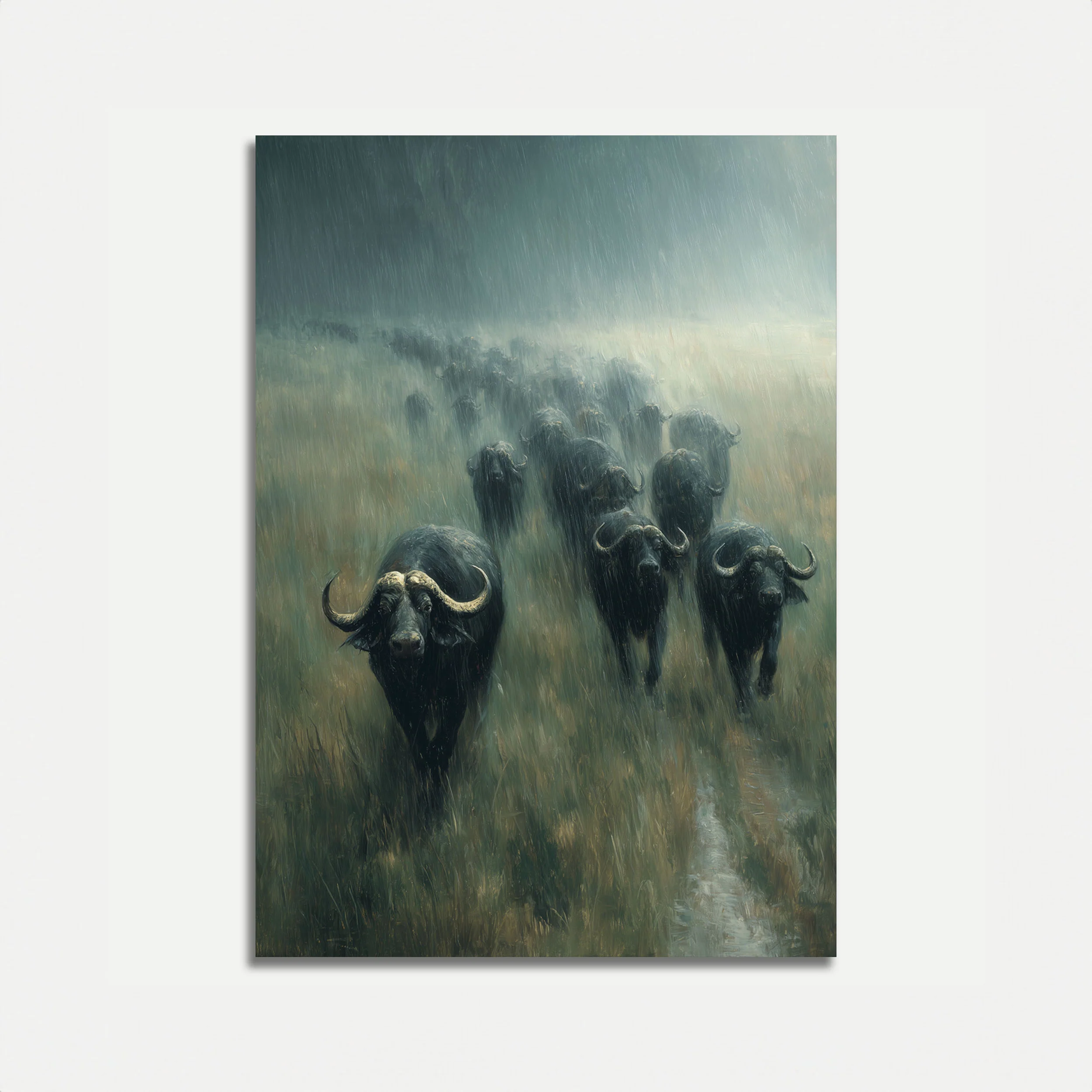 Buffalo Herd in the Rain Poster