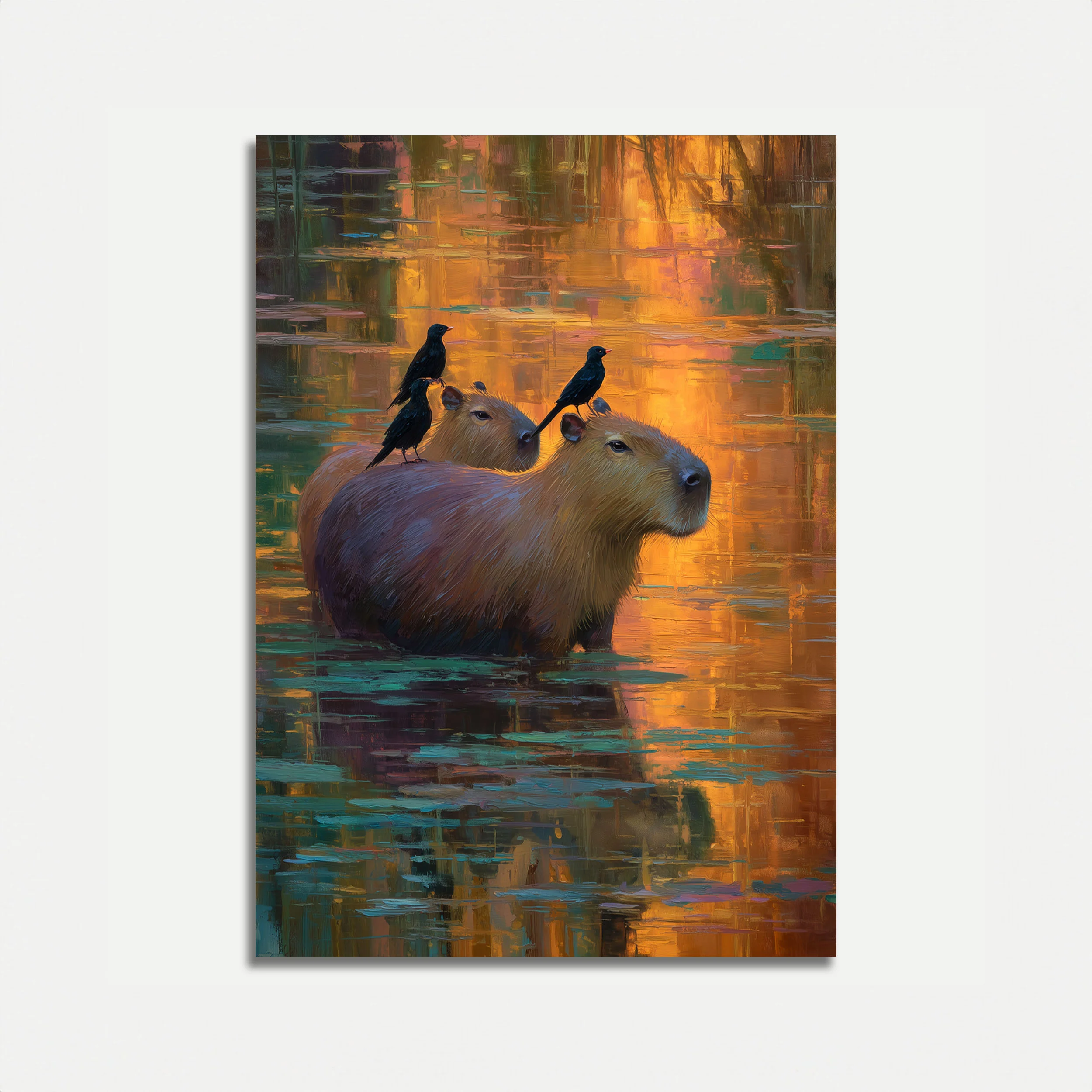 Capybara and Birds Golden Hour Poster
