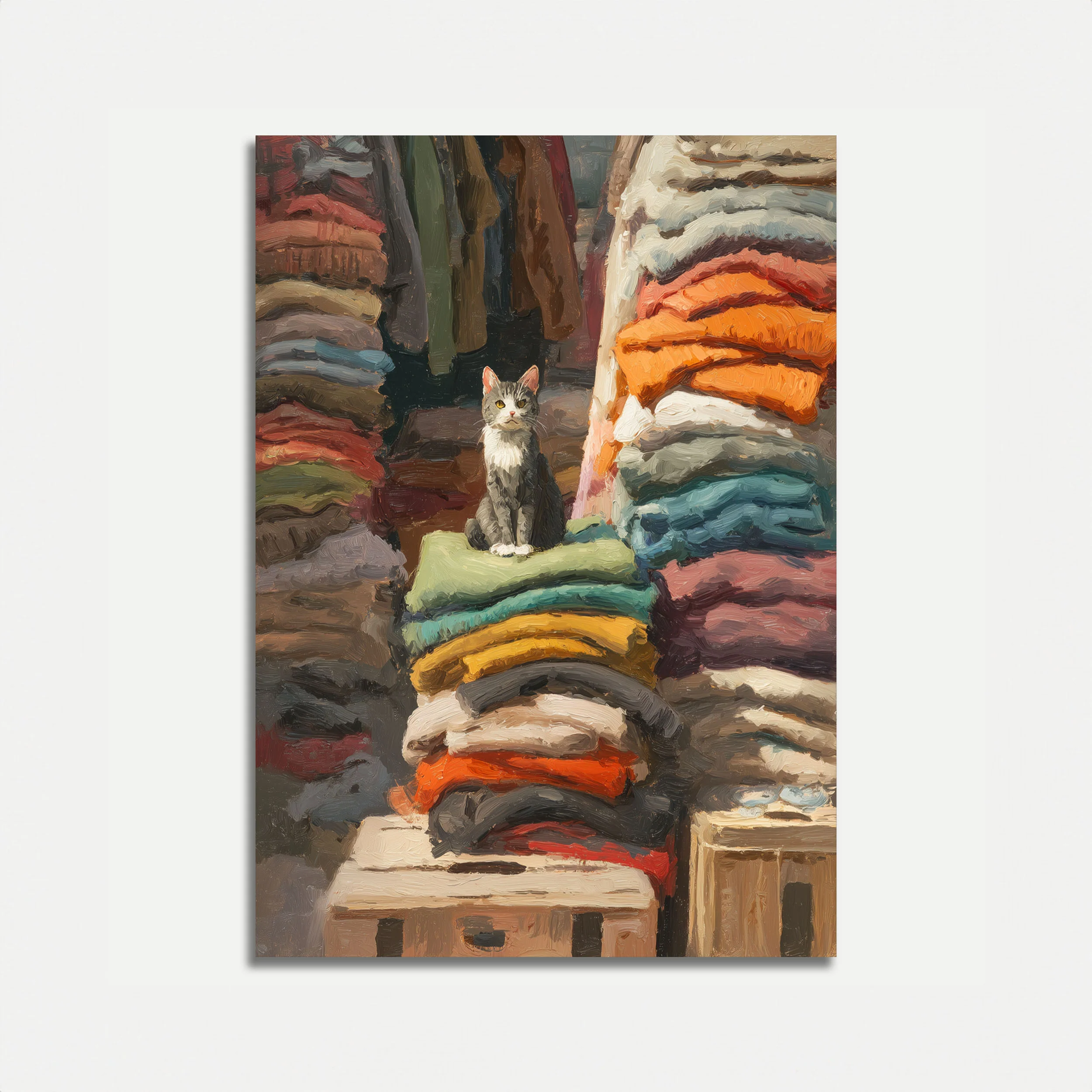 Cat Among Colorful Fabrics Poster