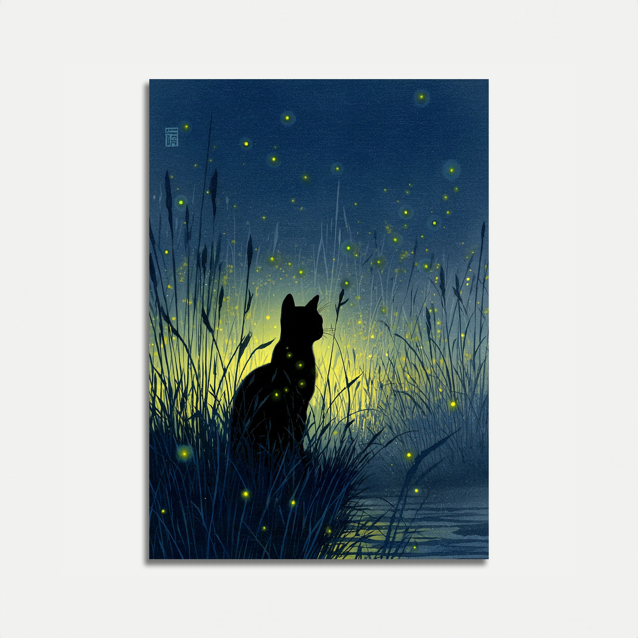 Cat Among Fireflies Night Poster