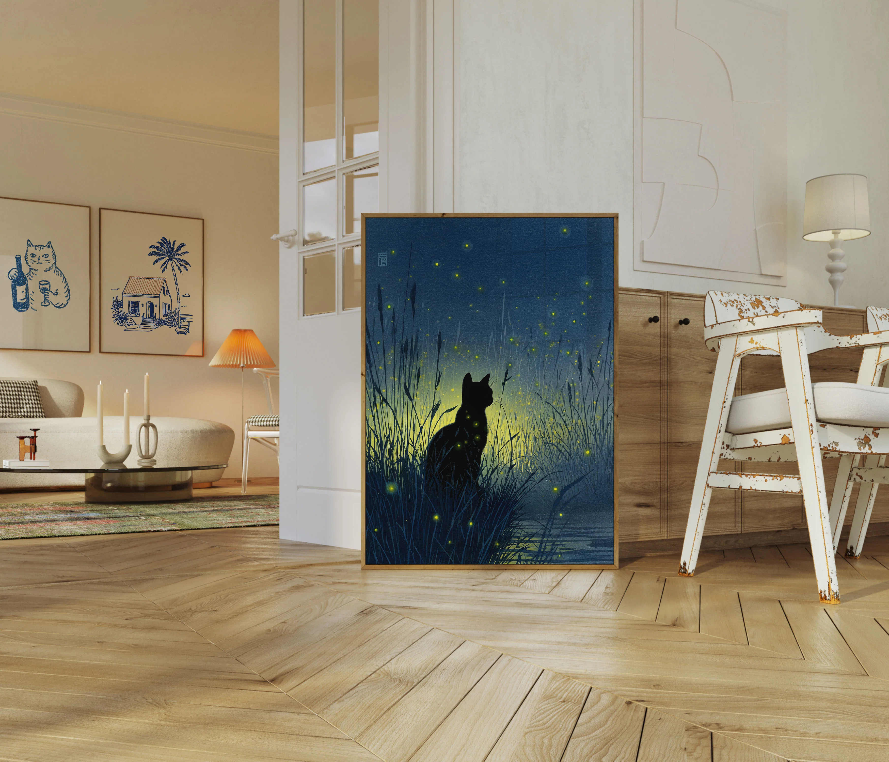 Cat Among Fireflies Night Poster - Image 5