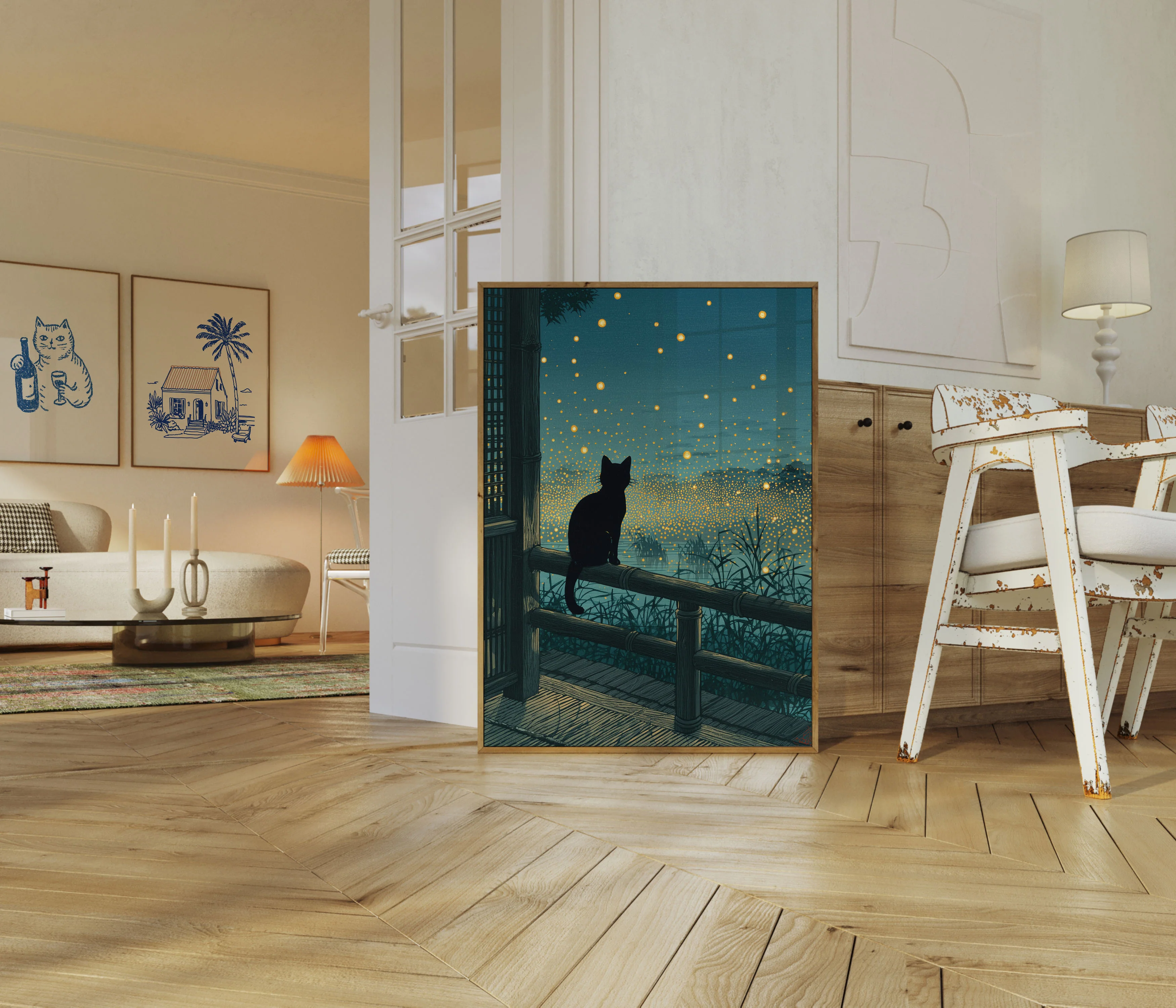 Cat Gazing at Fireflies Poster - Image 5