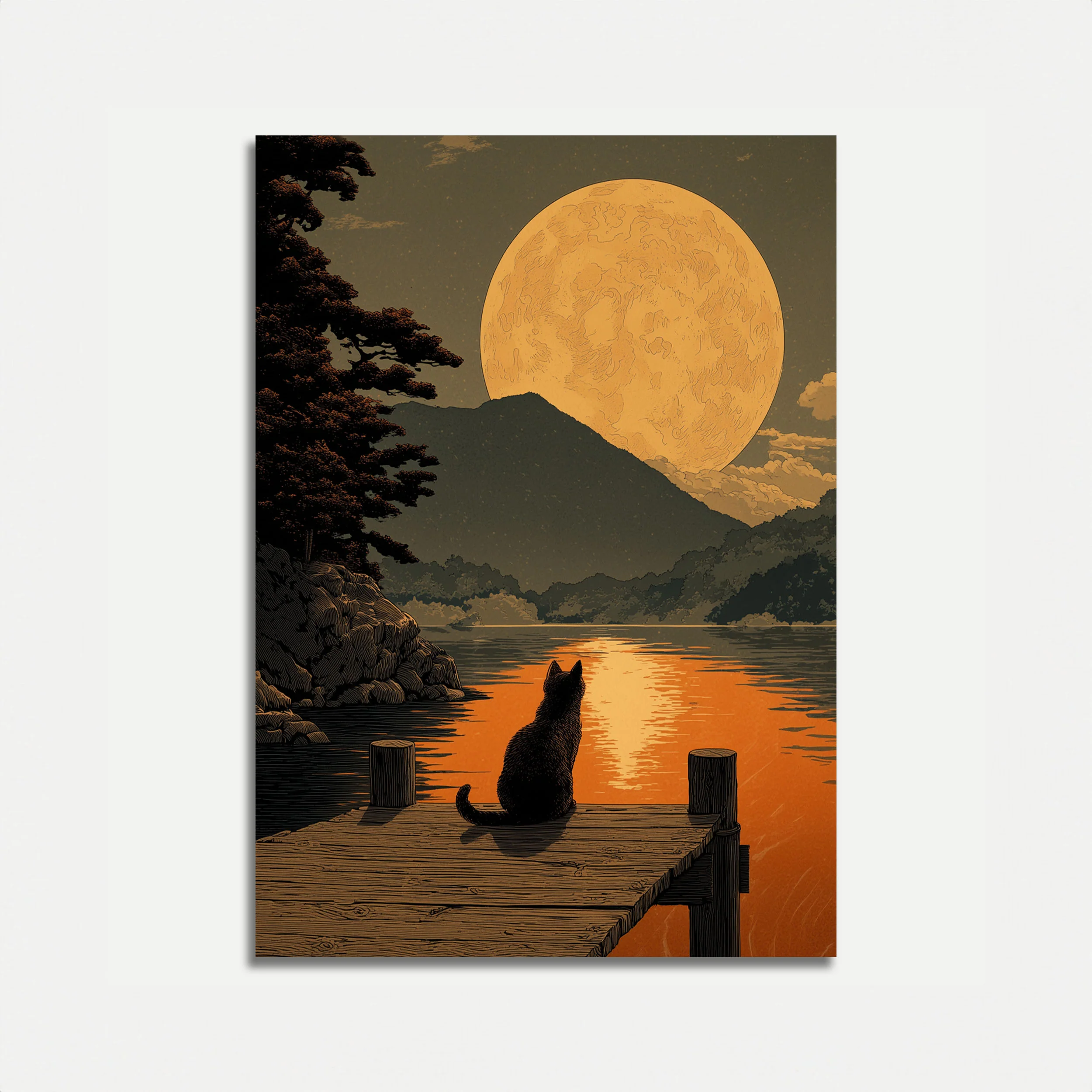 Cat Gazing at Giant Moon Poster