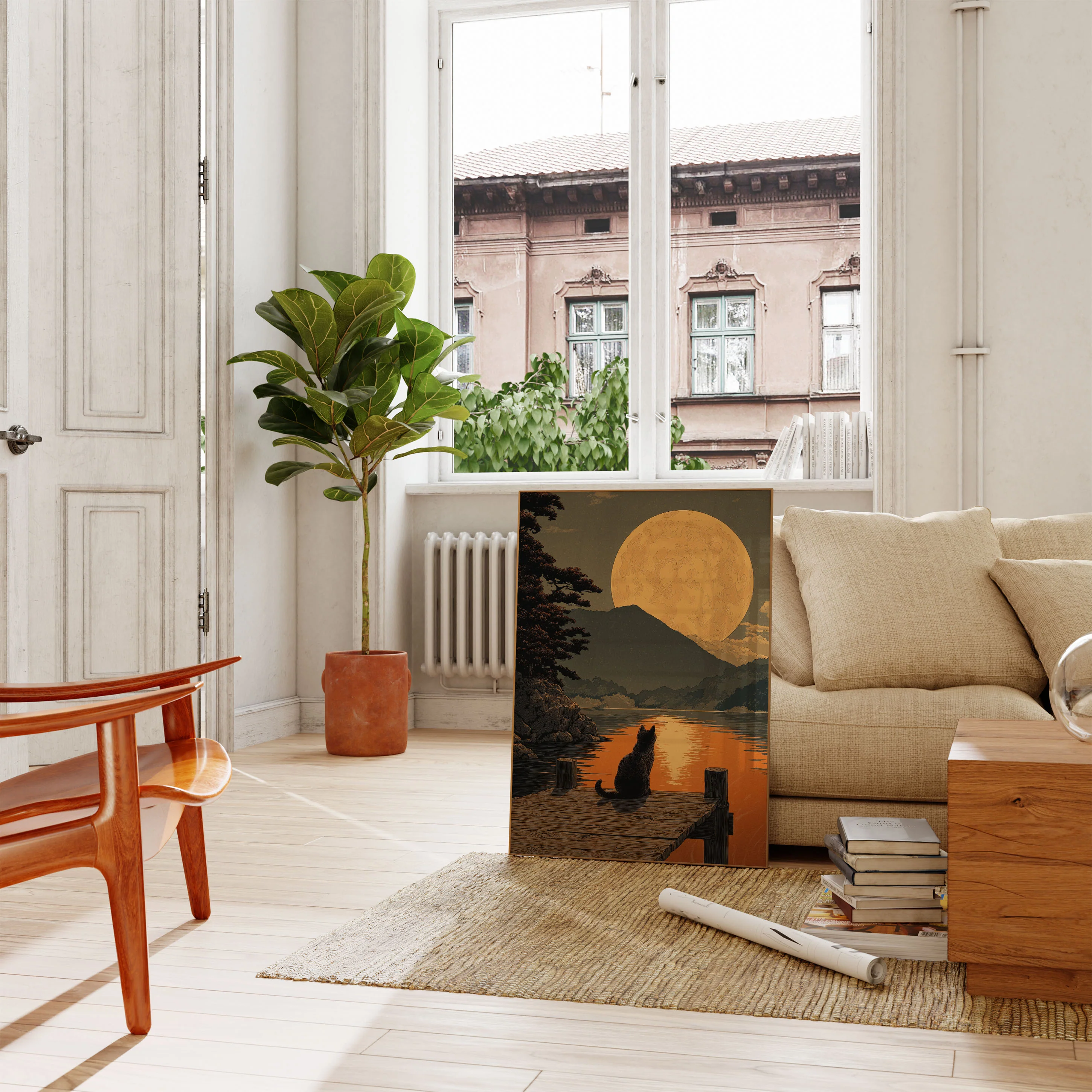 Cat Gazing at Giant Moon Poster - Image 2