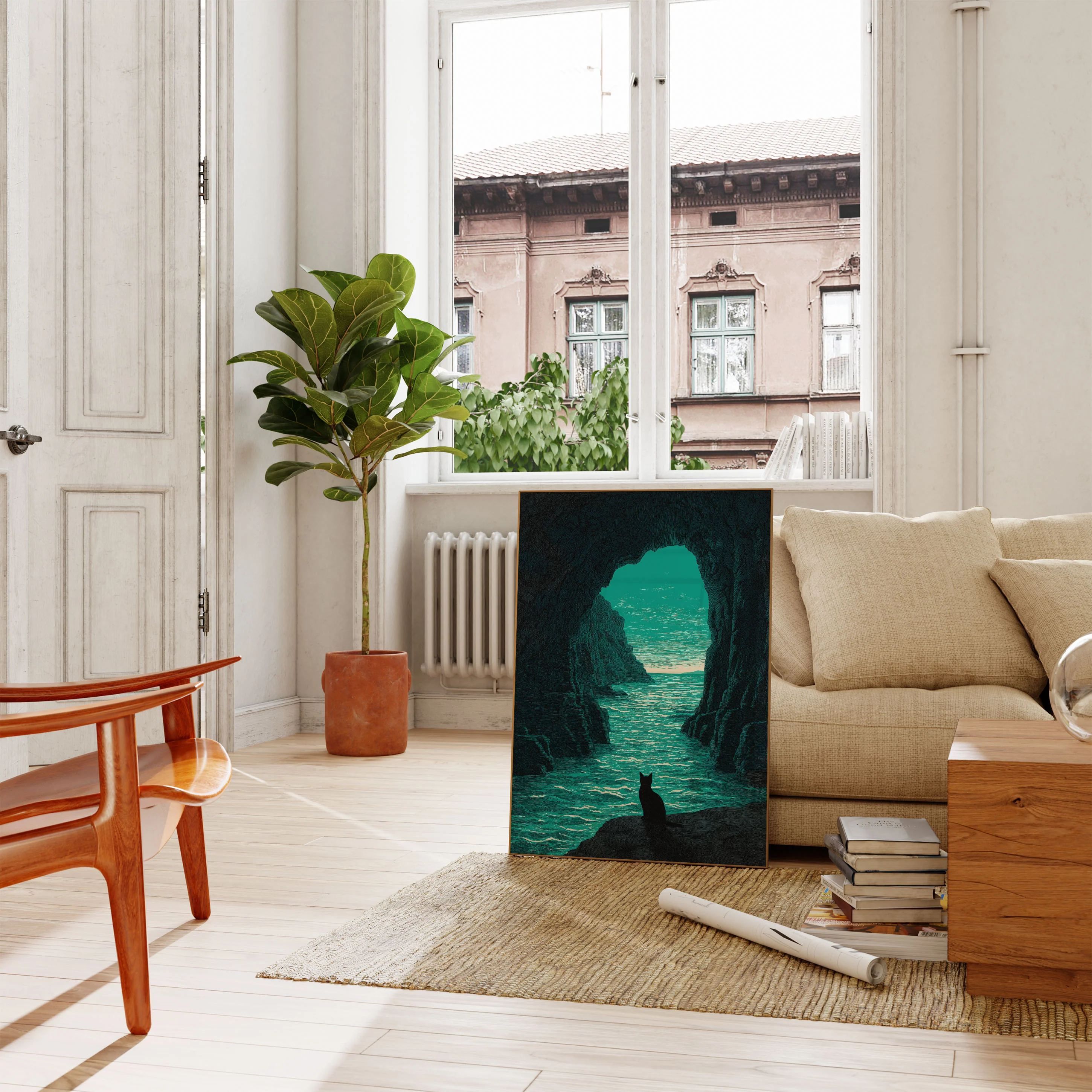 Cat Gazing at Turquoise Sea Poster - Image 2
