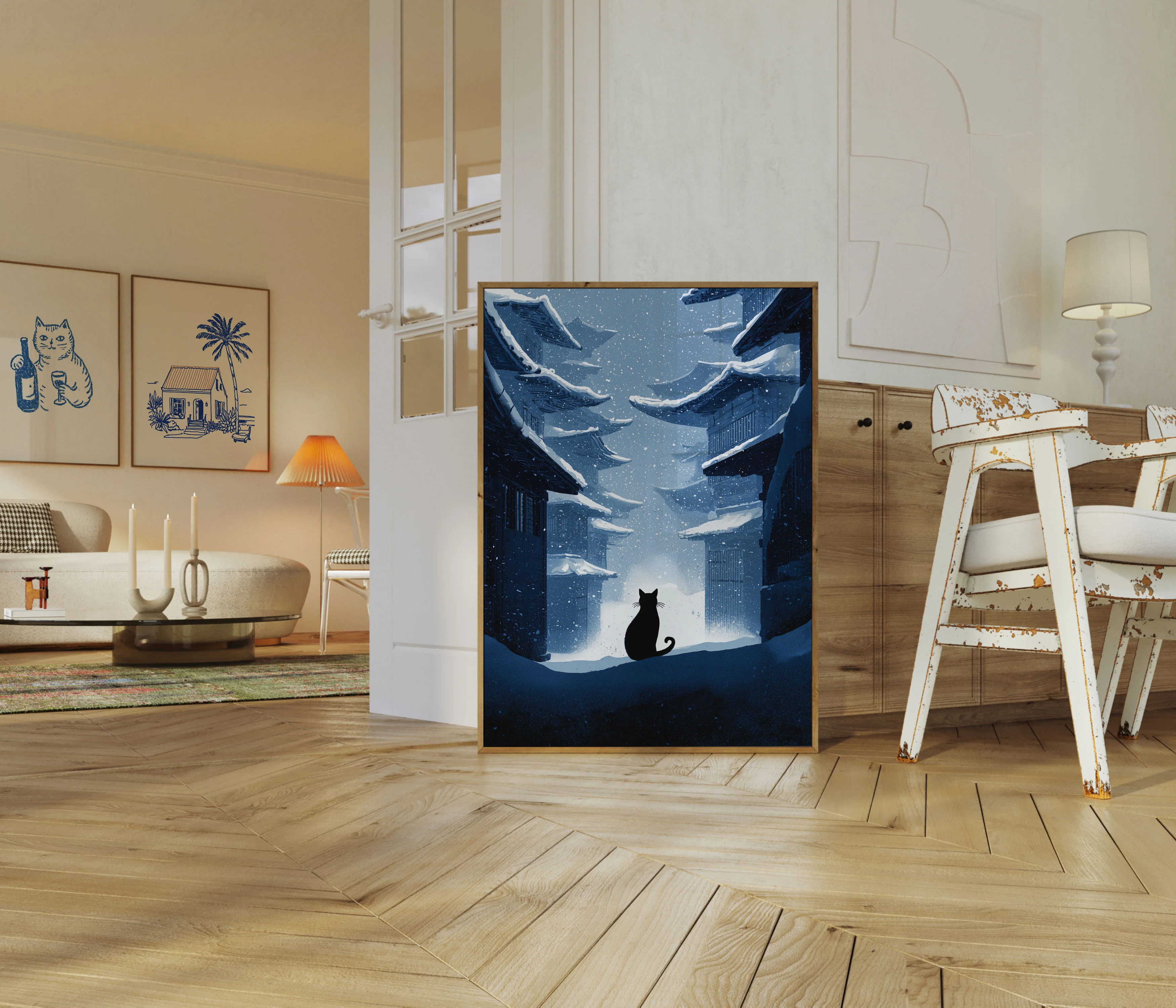 Cat in Snowy Asian Village Poster - Image 5