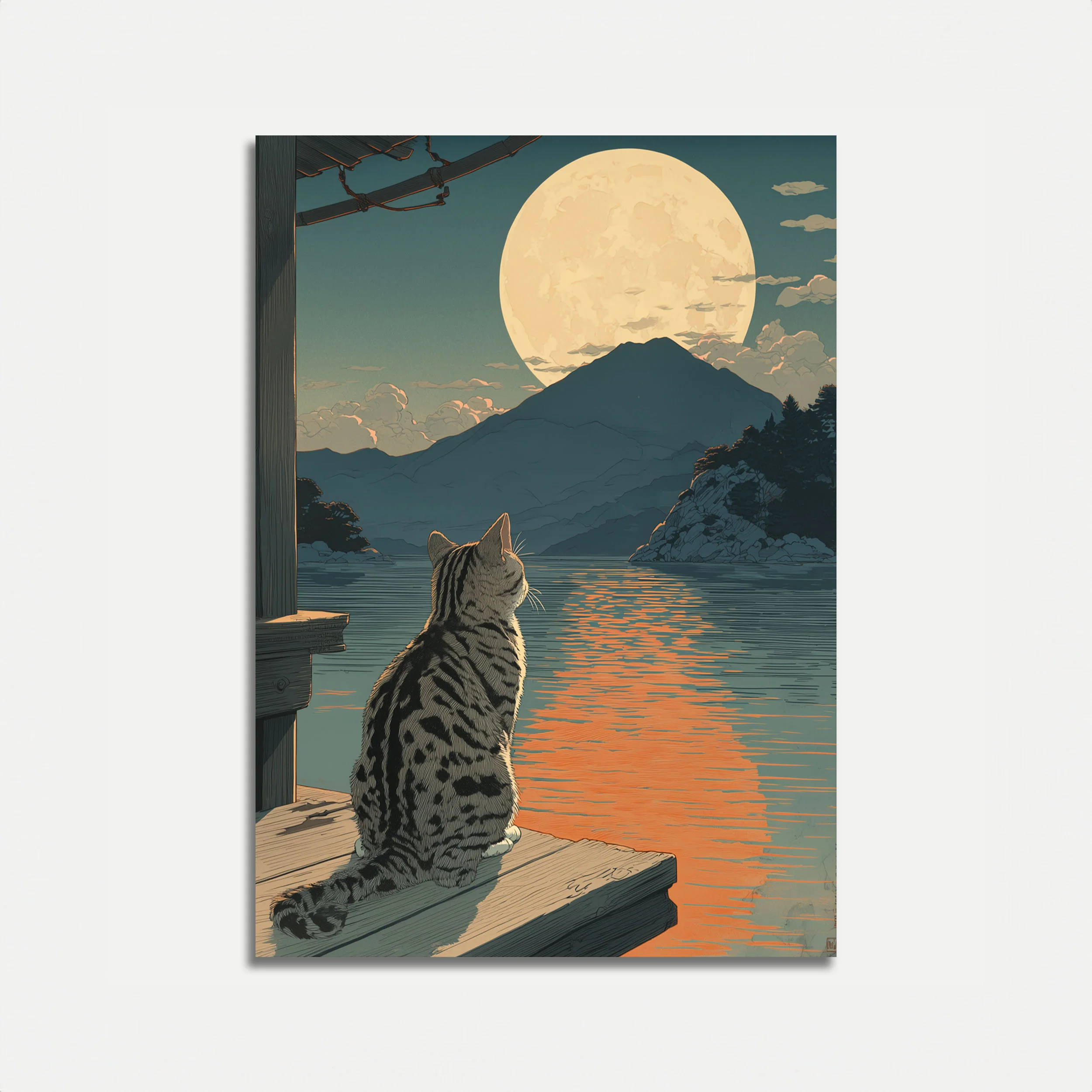 Cat Moonlit Lake Mountain Poster