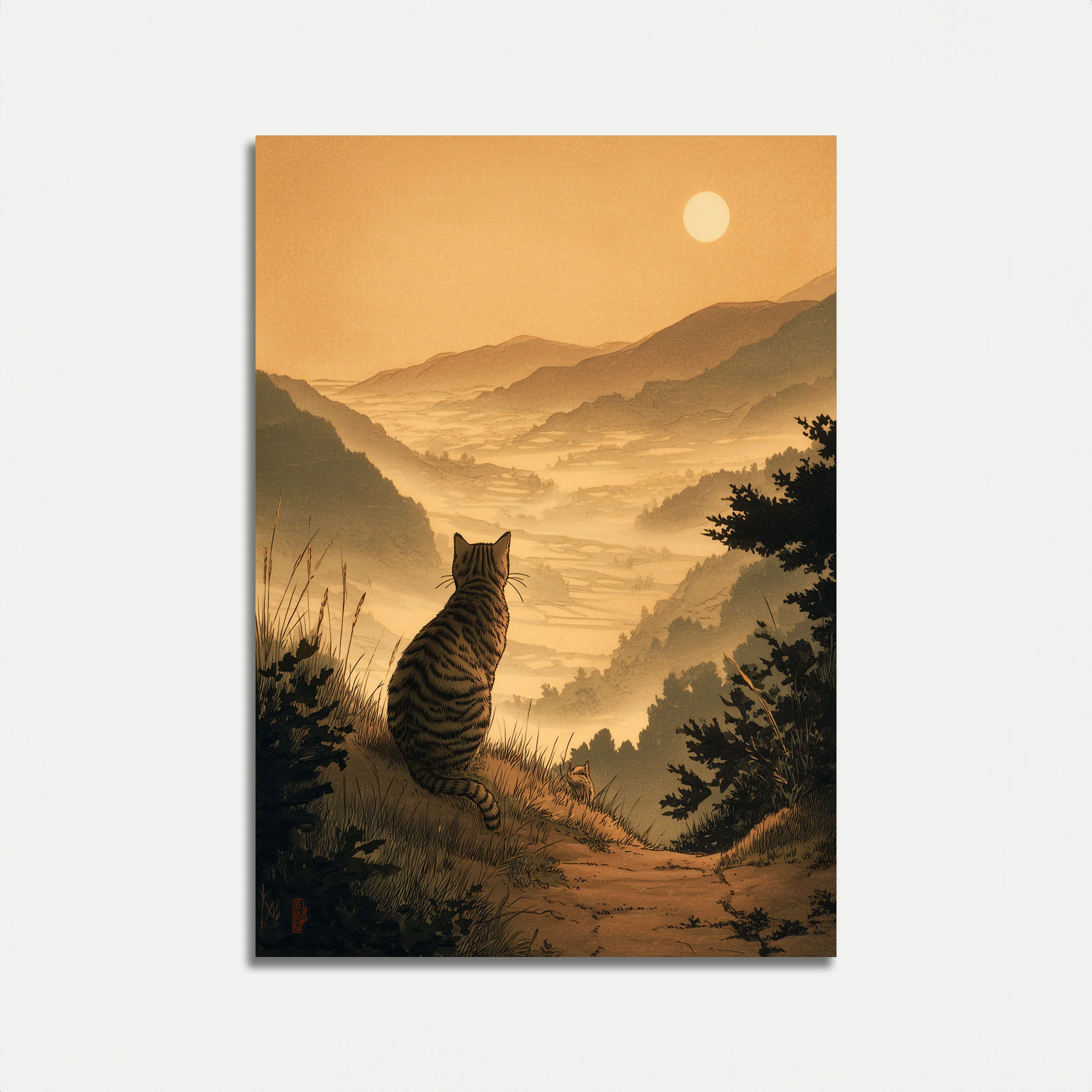 Cat Overlooking Misty Mountain Valley Poster