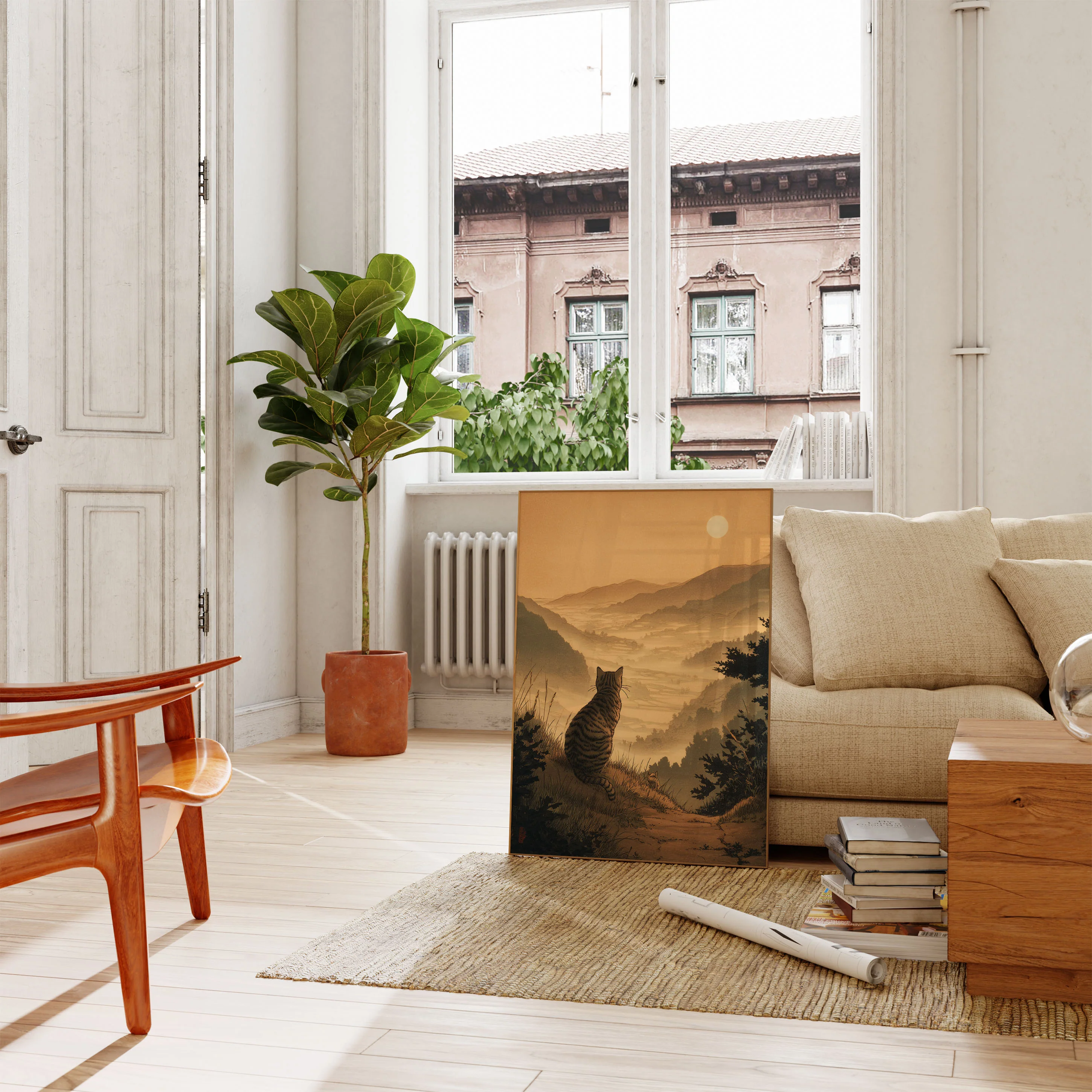 Cat Overlooking Misty Mountain Valley Poster - Image 2