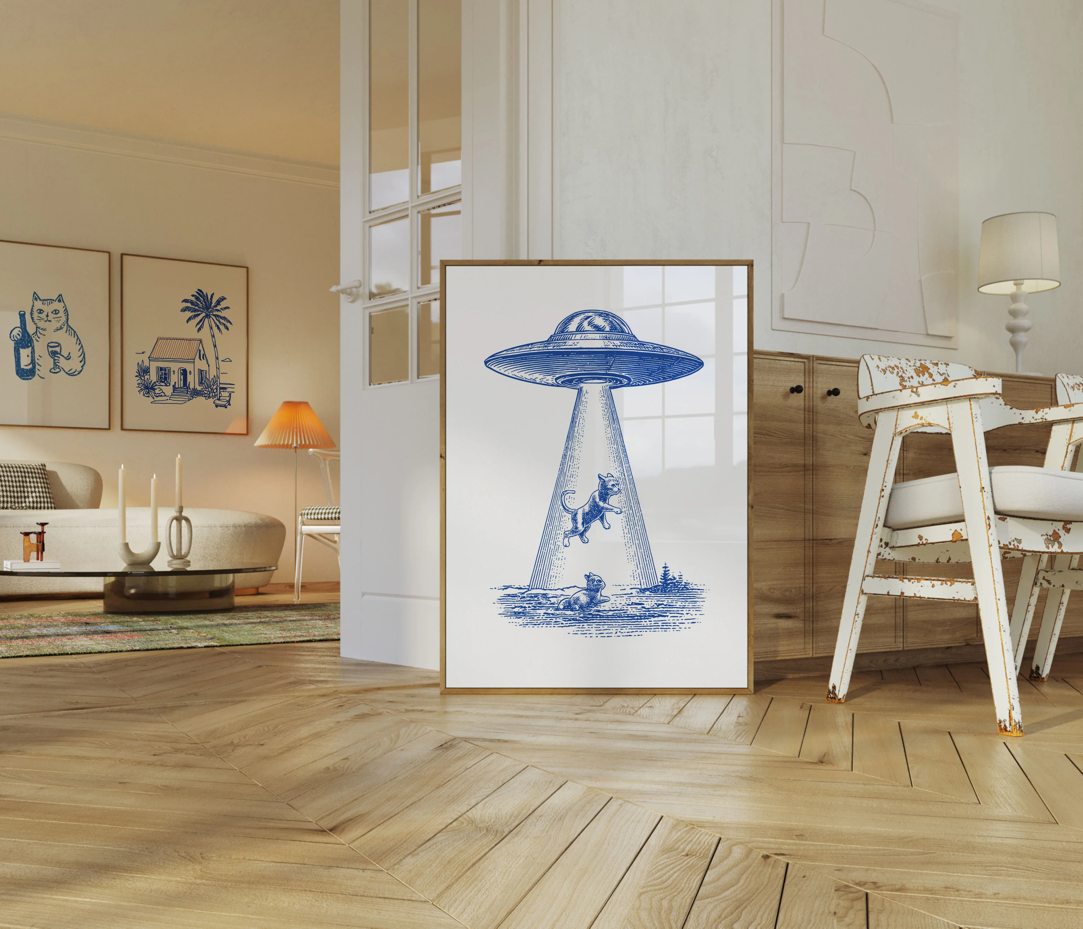Cat UFO Abduction Blue Poster - Image 5