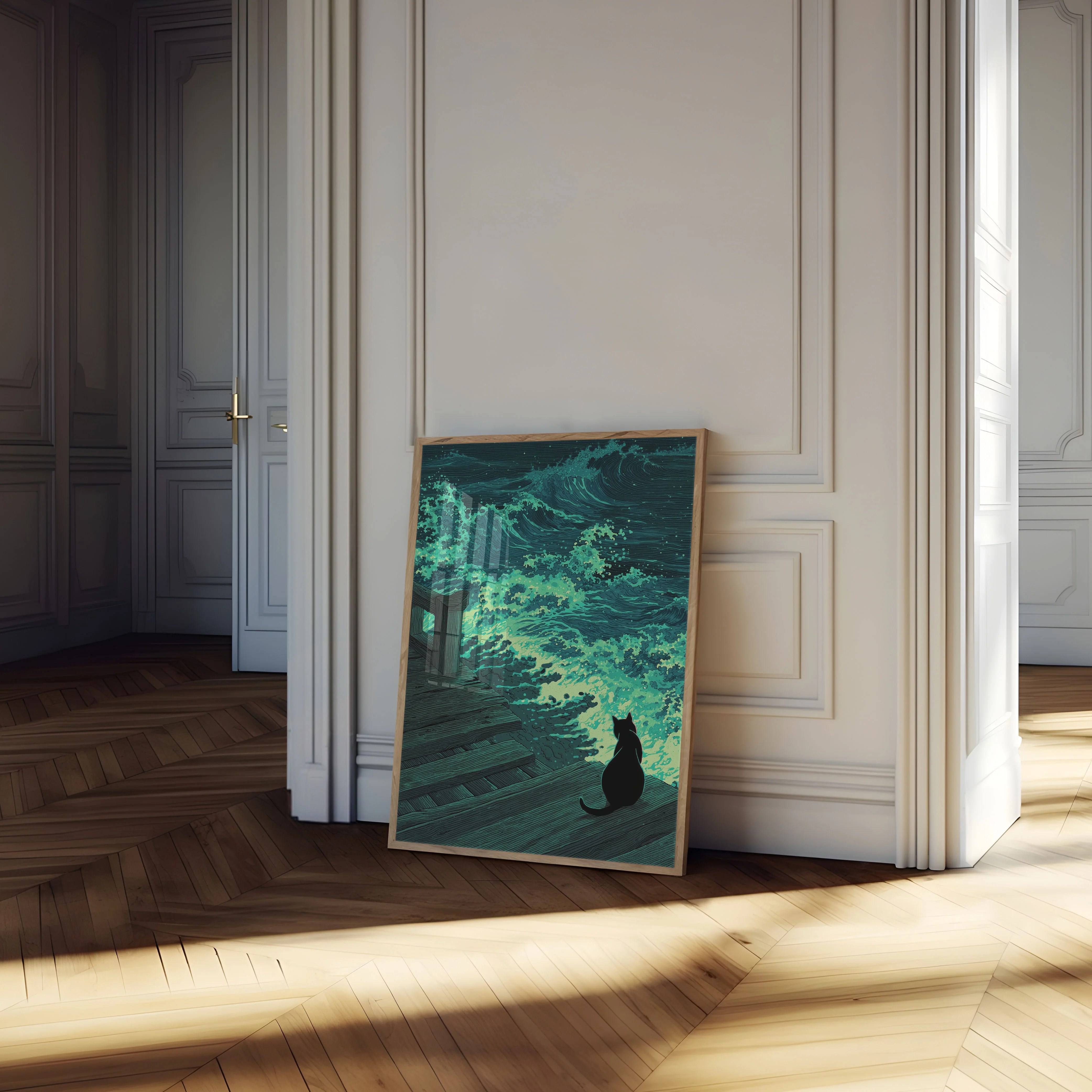 Cat Watching Bioluminescent Waves Poster - Image 4