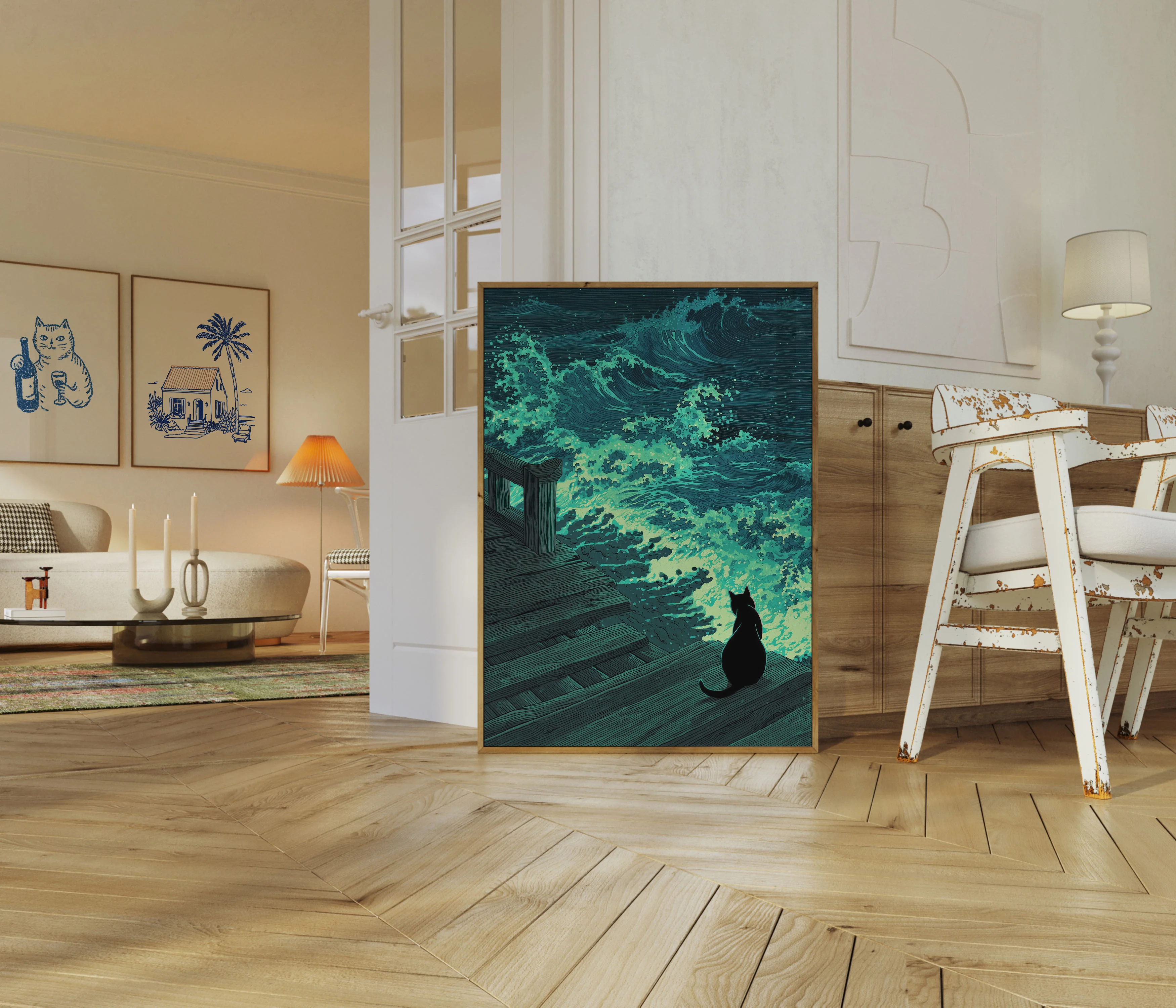 Cat Watching Bioluminescent Waves Poster - Image 5