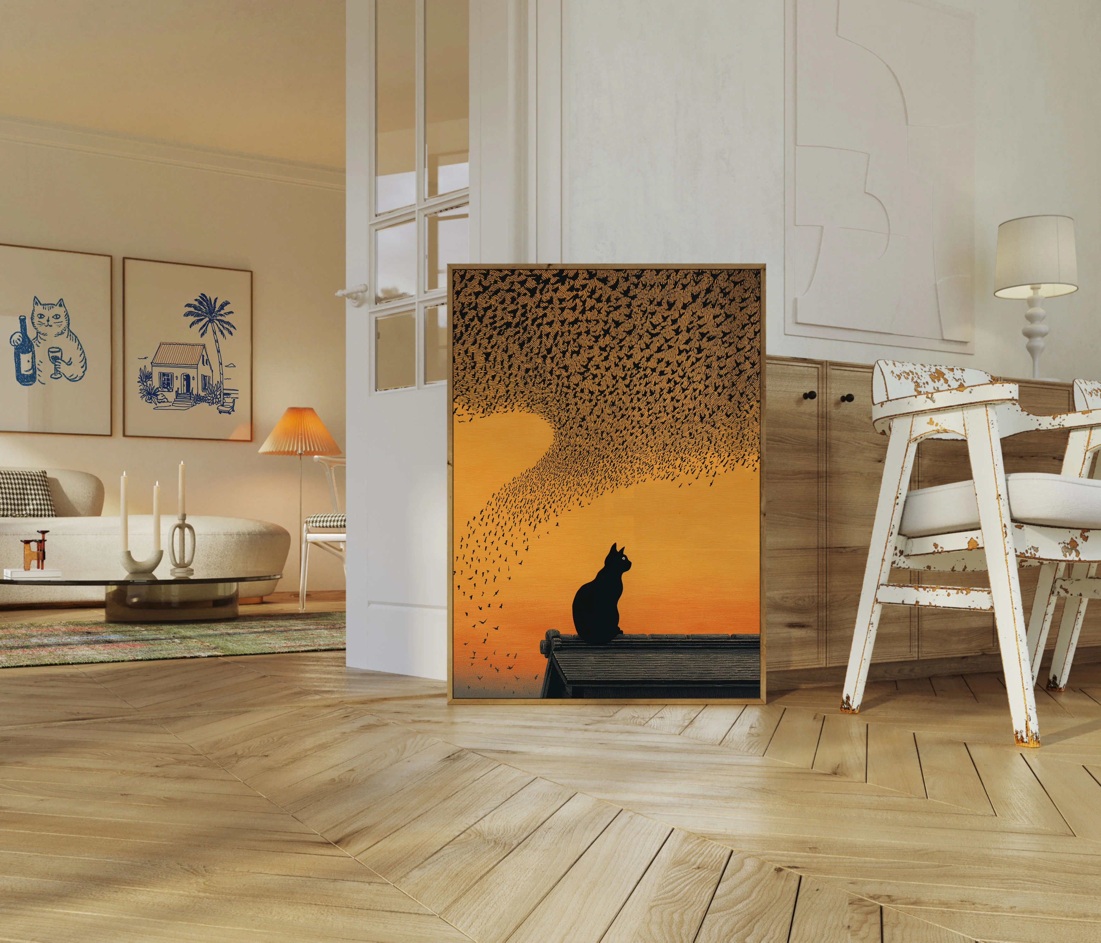 Cat Watching Birds Sunset Poster - Image 5