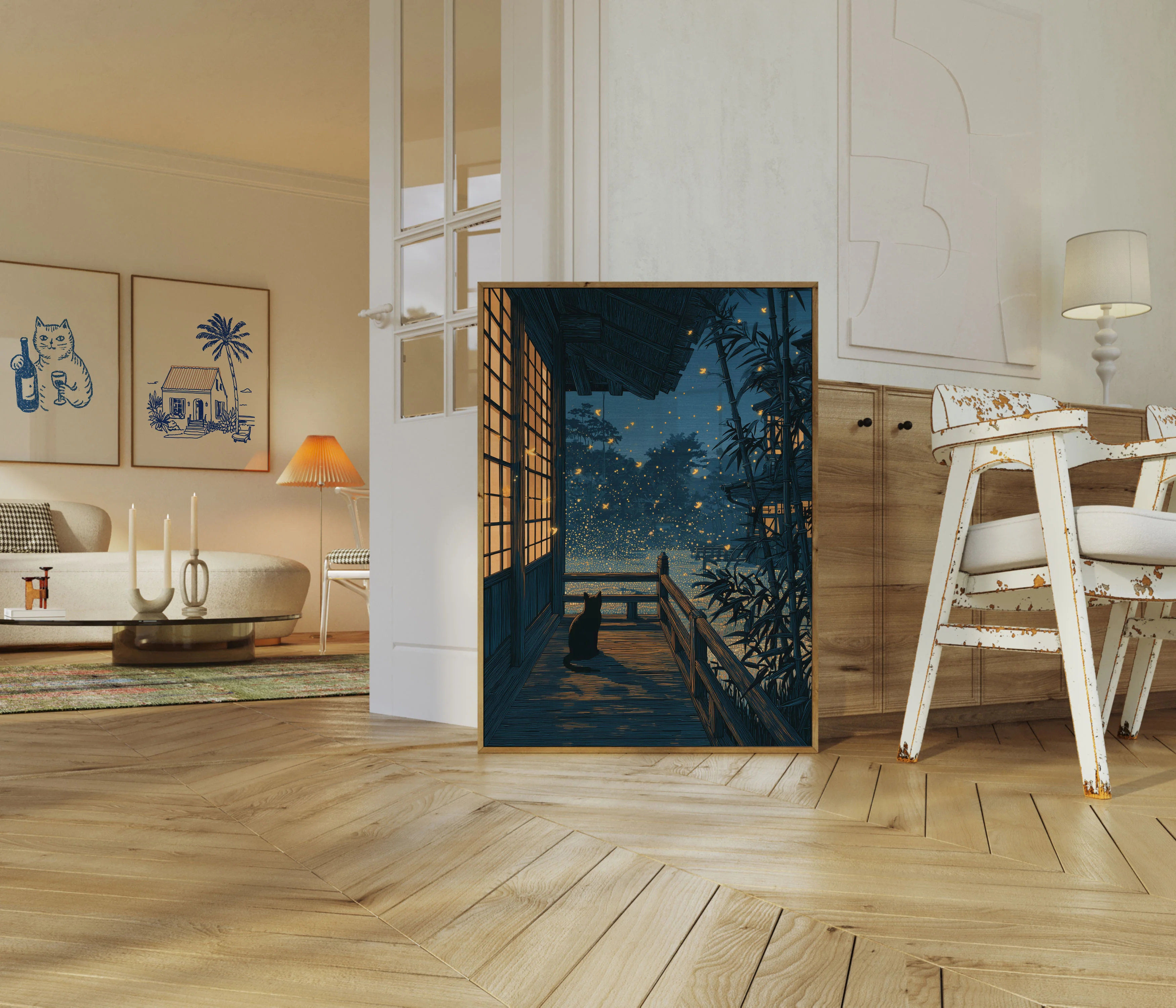 Cat Watching Fireflies at Night Poster - Image 5