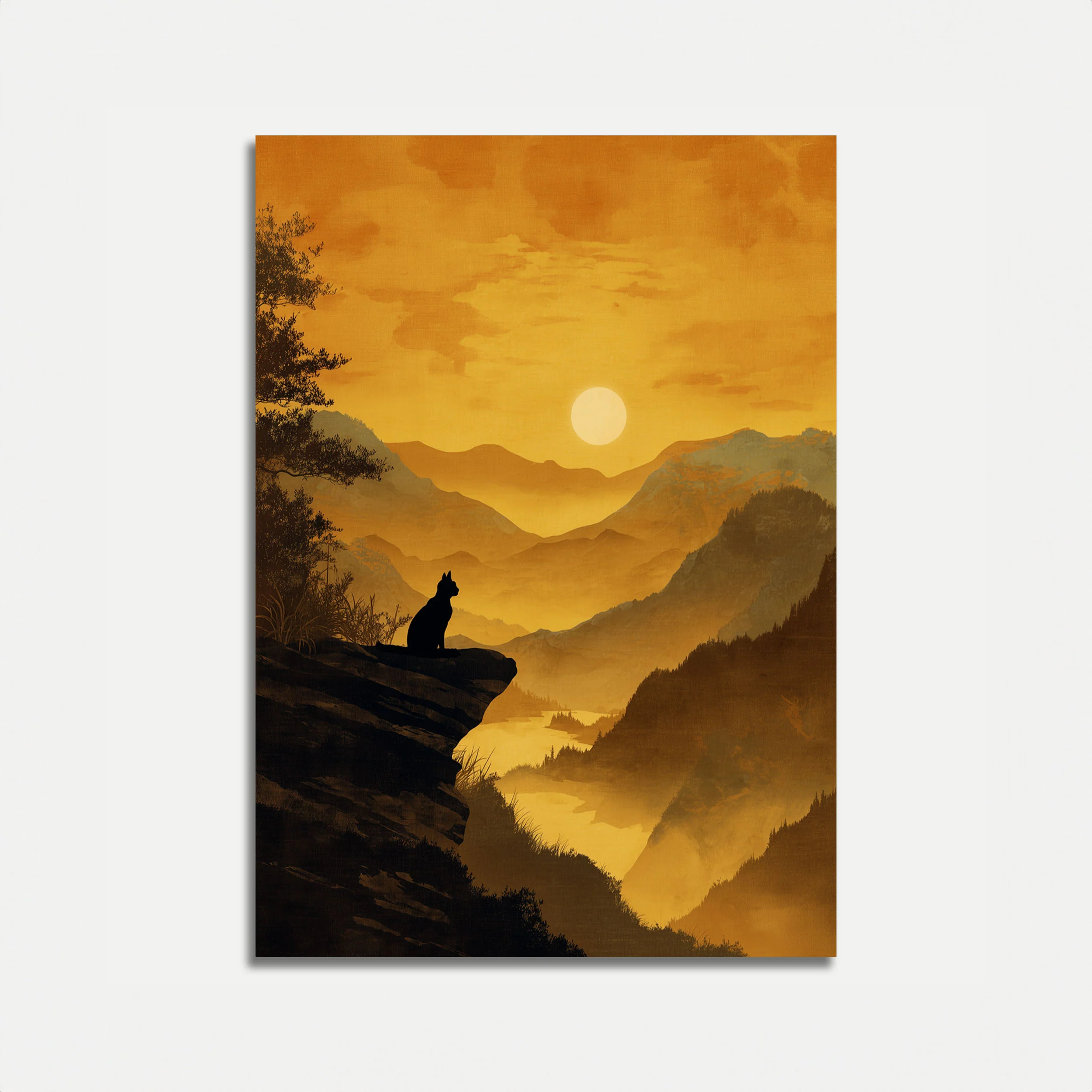Cat Watching Golden Sunset Poster