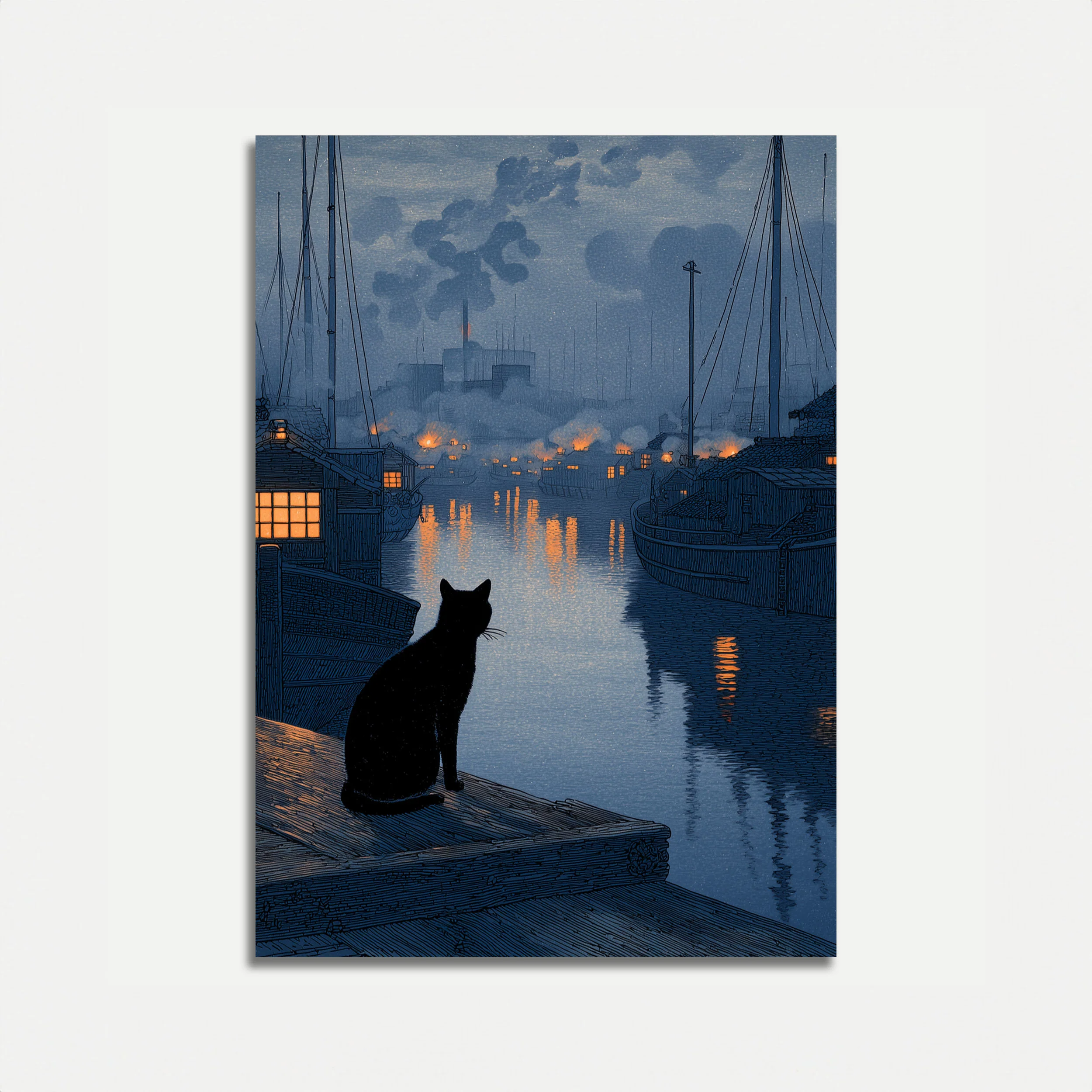 Cat Watching Harbor at Night Poster